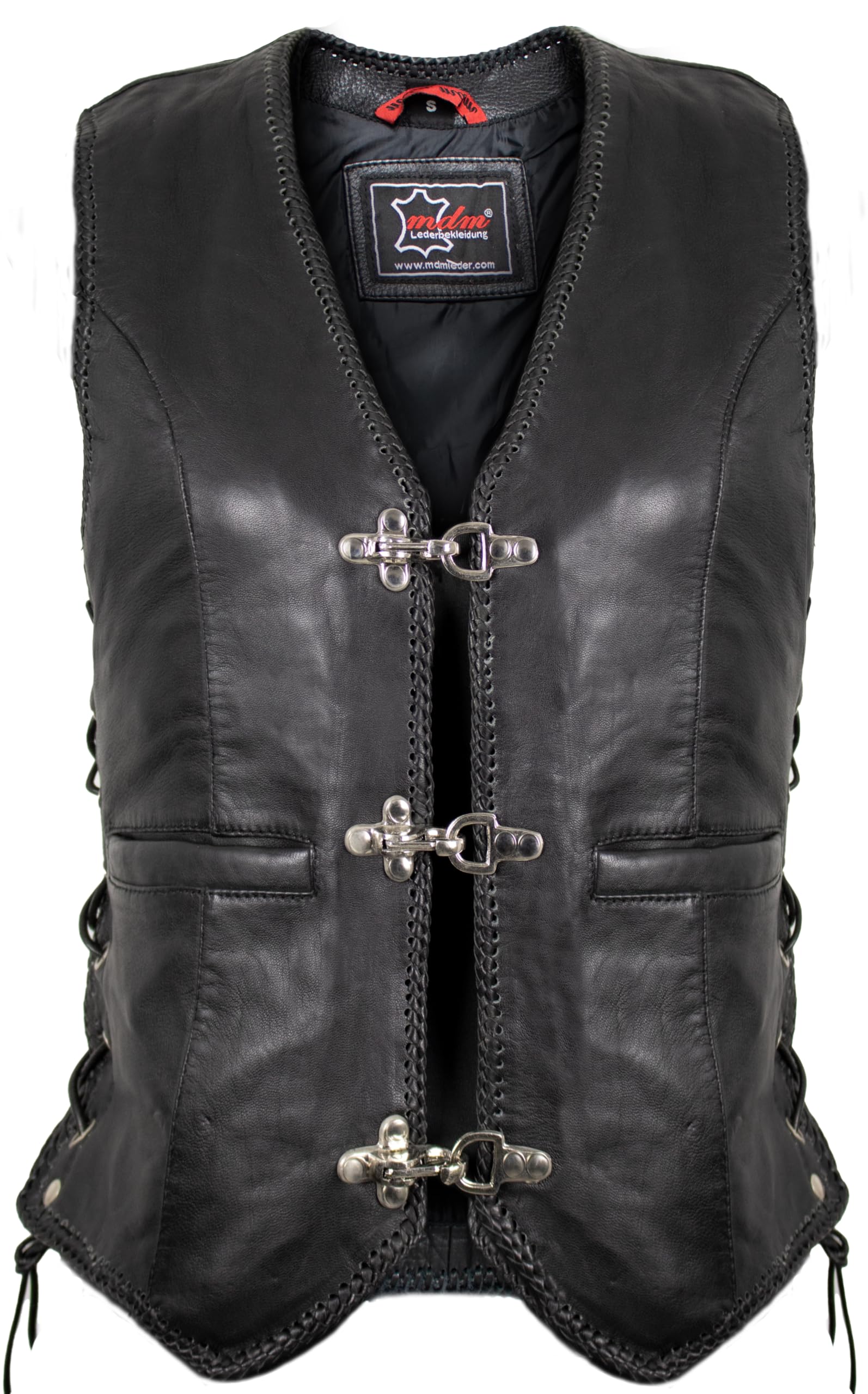 MDM Gilet da Donna in Vera Pelle di Agnello – Nero, Senza Maniche, Slim Fit Biker