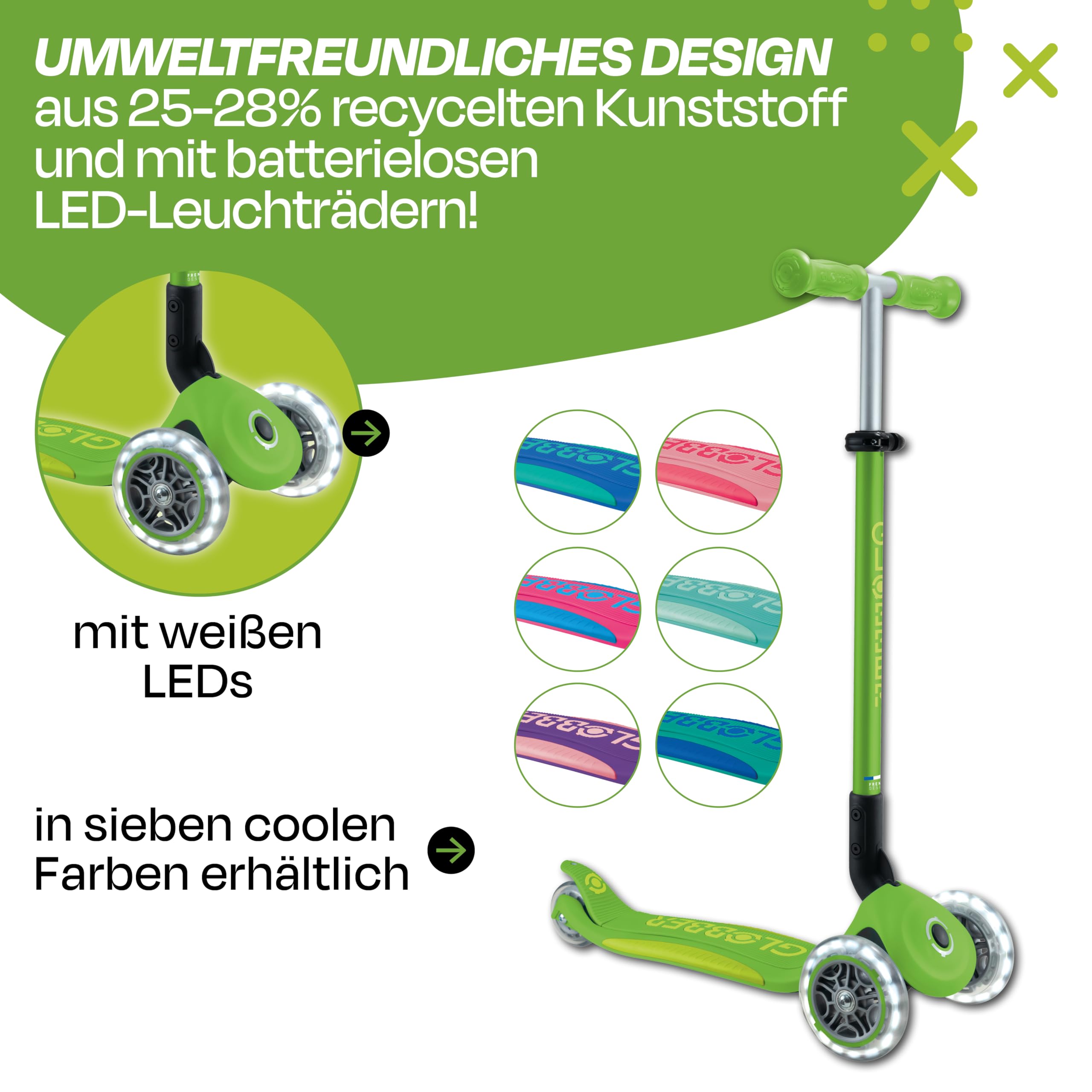 GLOBBER Primo Foldable Plus Lights Roller – Tretroller Kinder ab 3 Jahre - Scooter 120/80 mm - ABEC 5, 3-rädrig mit LED Rollen – höhenverstellbar