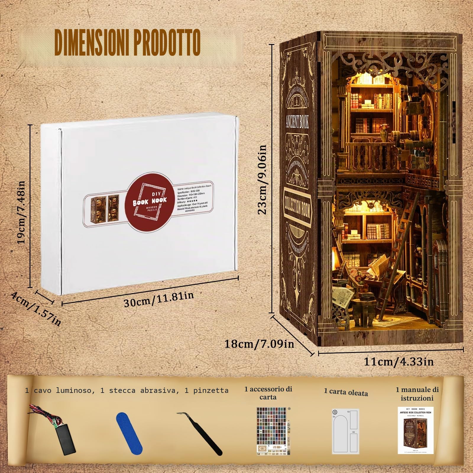 Kit Diy Book Nook, Collezione Di Libri Vintage, Puzzle In Legno In Miniatura Fai Da Te Con Luce Led, Idea Regalo Creativa Per Adulti e Adolescenti a Partire Dai 14 Anni, Biblioteca