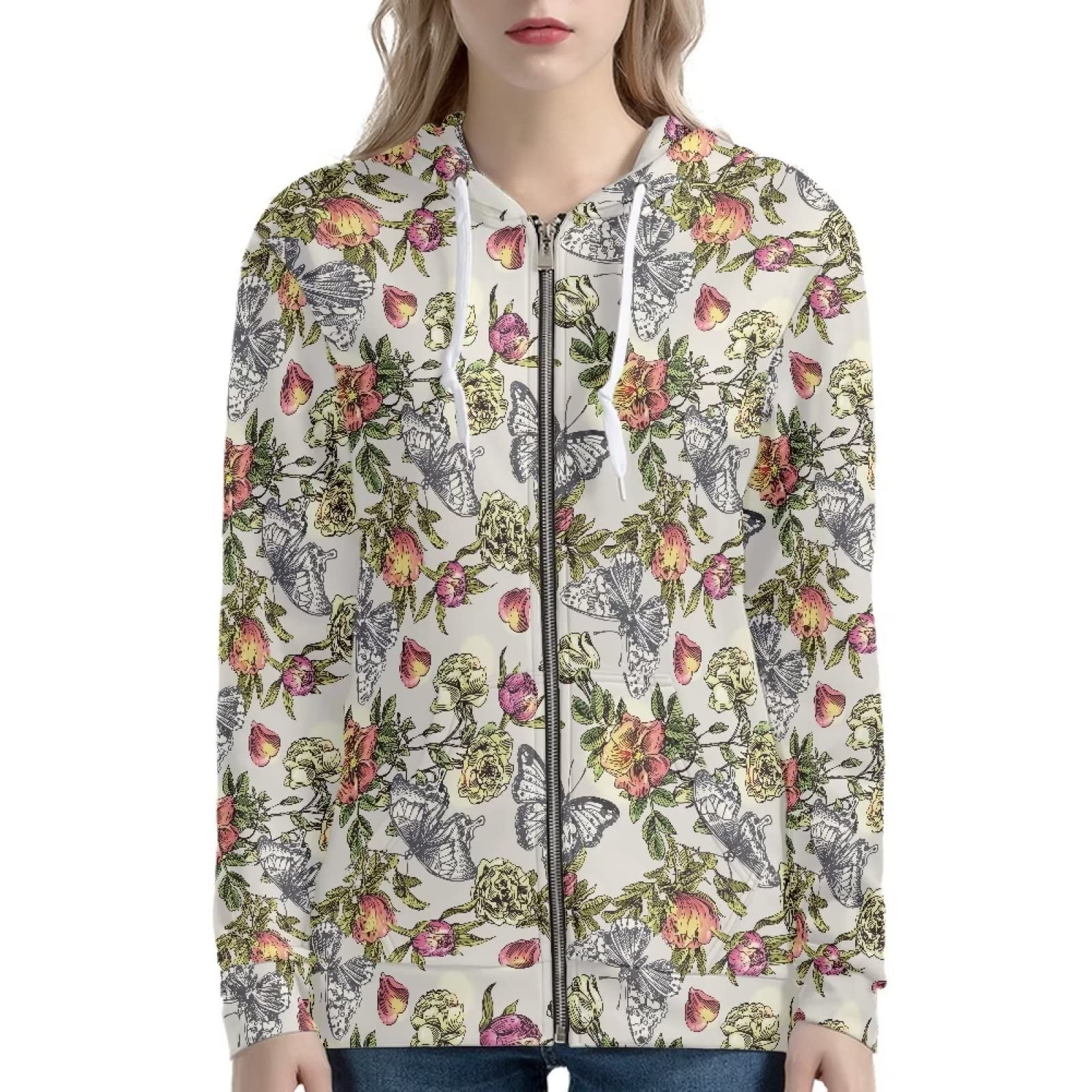 Xoenoiee Damskie bluzy z kapturem z kieszeniami, długi rękaw, kurtka z kapturem, zamek błyskawiczny, dziewczęca, oversize, odzież uliczna, Retro kwiatowy motyl, XS