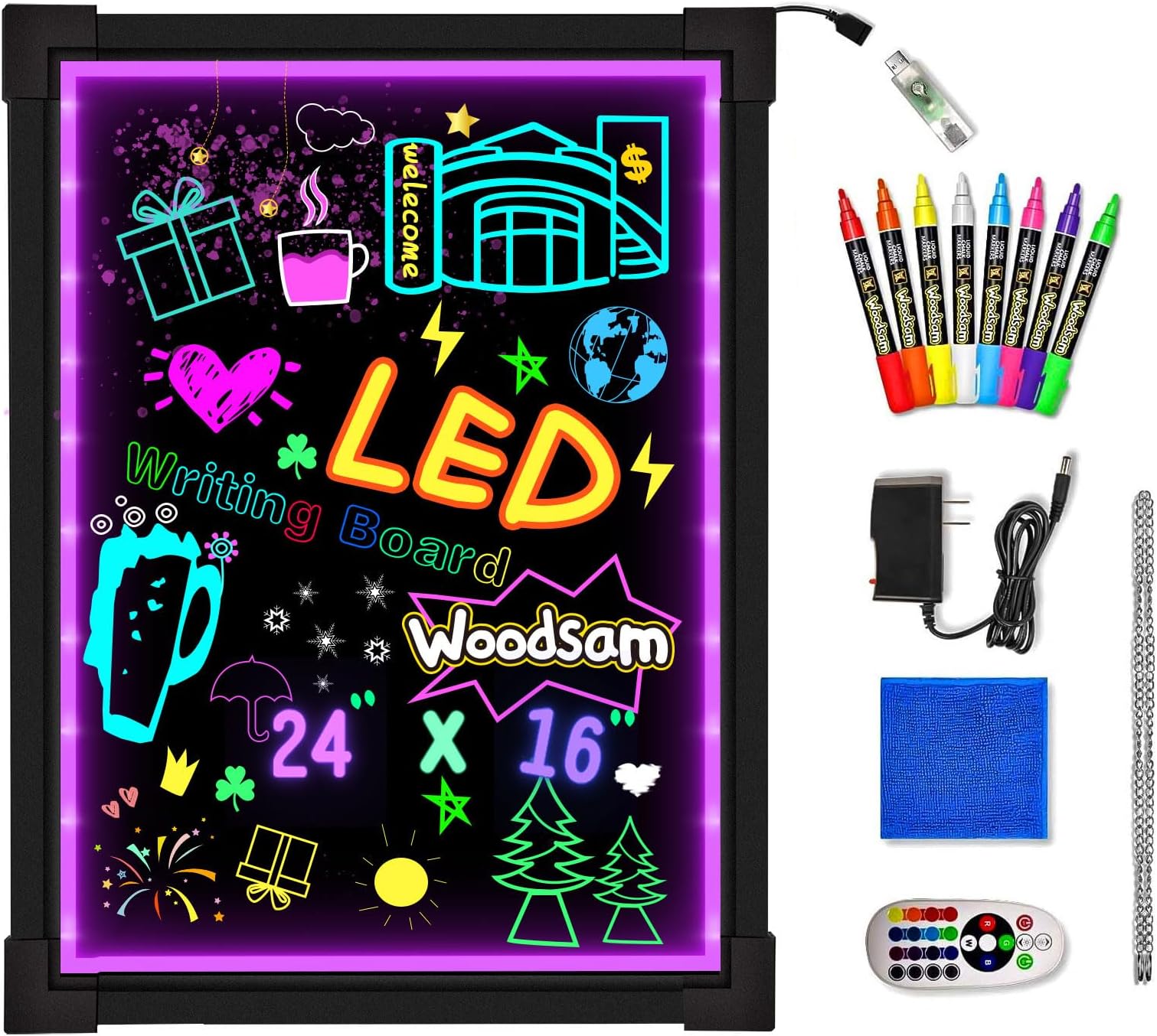 Woodsam LED Drawing Painting Board - 24" x 16" Erasable Non Porous Glass Surface with 8 Fluorescent Window Markers-Best for Chalkboard Blackboard Whiteboard Bulletin/Letter/Spelling/Display/Menu Board