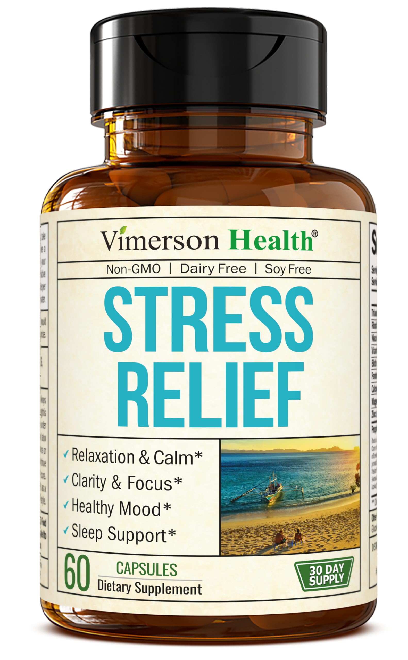 Stress Relief Supplement with 5HTP, Ashwagandha, Valerian, St John’s Wort, GABA, Chamomile & B-Vitamins - Promotes Relaxation, Sleep, Calm & Balanced Mood, Energy & Focus. Vegan, Non-GMO, 60 Capsules