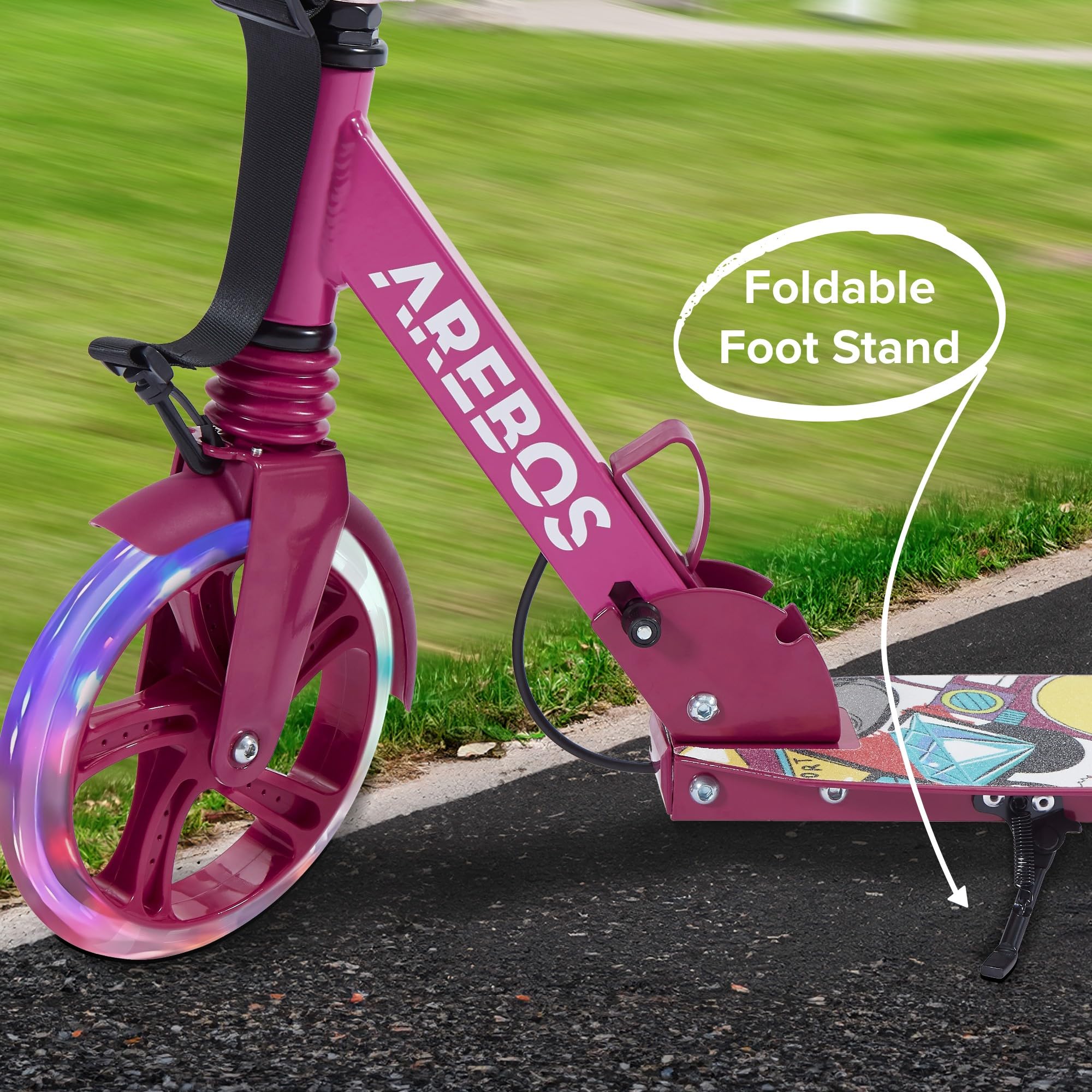 Arebos Patinete urbano con led rosa, altura regulable, plegable, incluye correa de transporte, freno de mano y de pedal, para niños y adultos, soporta hasta 100 kg