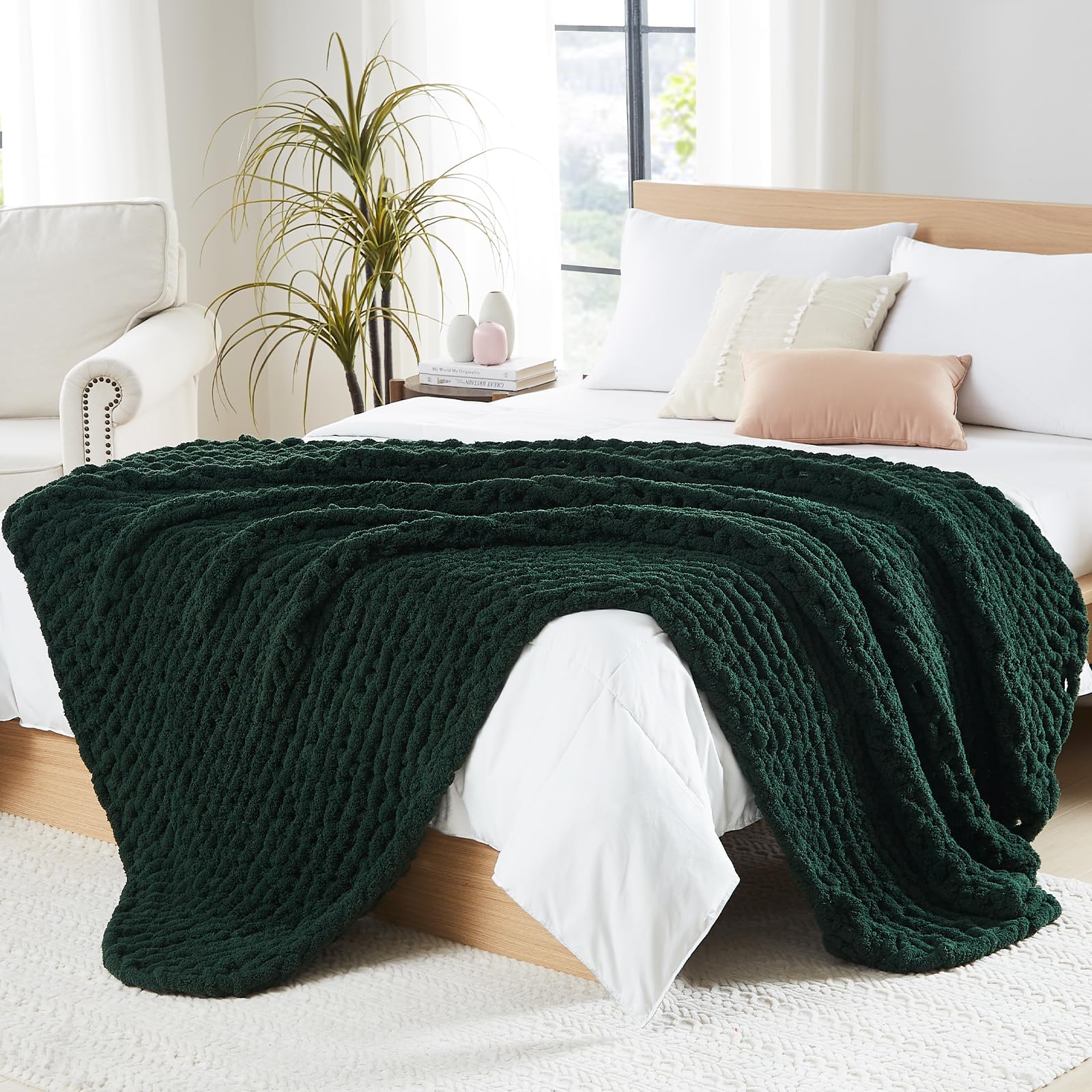 L'AGRATY Chunky-Strickdecke Olivgrün (150x200 cm), Weiche Chenille-Garn Wurfdecke, Handgemachte Zopfstrick-Decke, Kuschelige Häkeldecke für Sofa, Bett & Wohnkultur