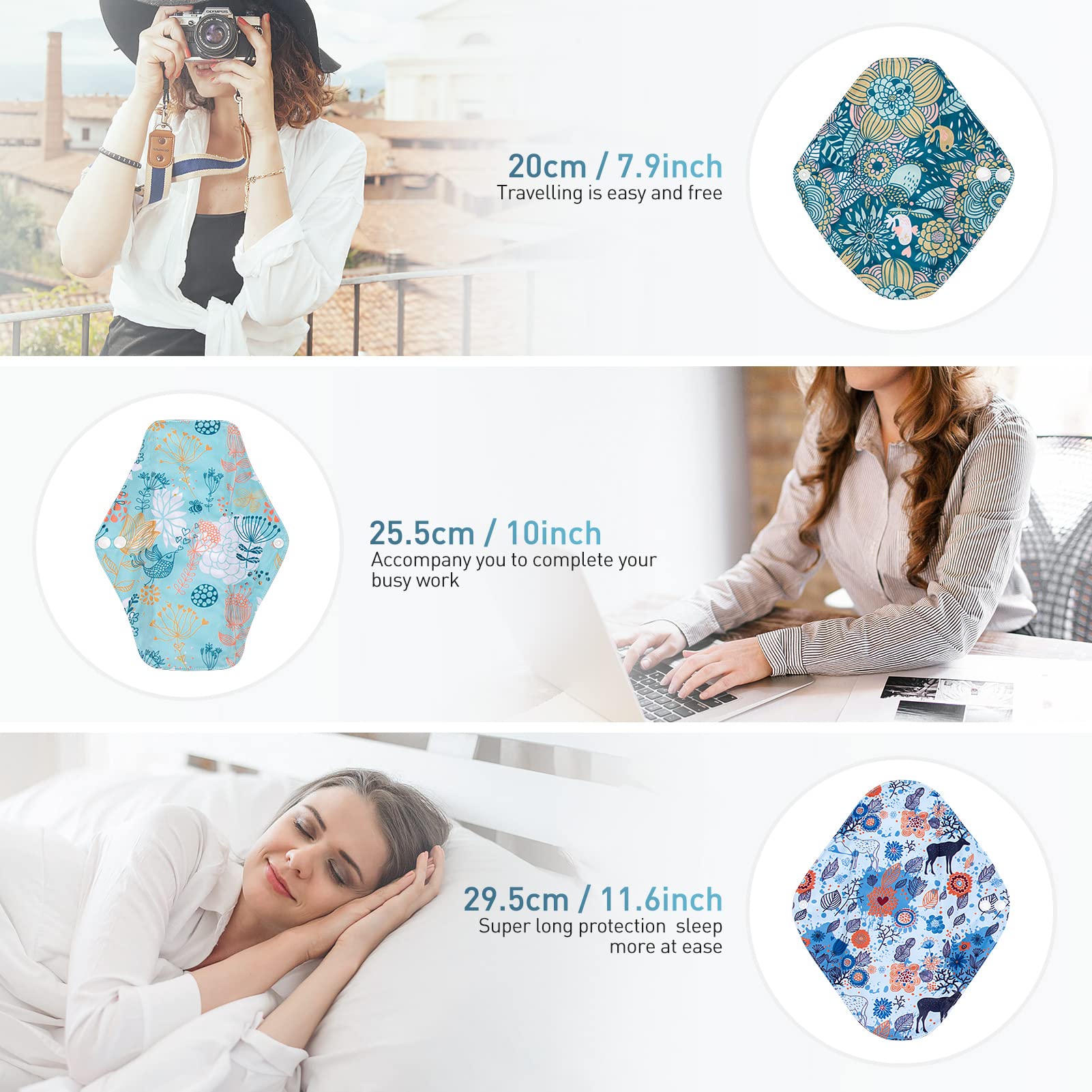 Viedouce Serviette Hygiénique Lavable,Lot de 9 Serviettes Hygiéniques Réutilisables,Serviette Hygiénique en Tissu,Protege Slip Lavable avec 2 étanches Sacs de rangement