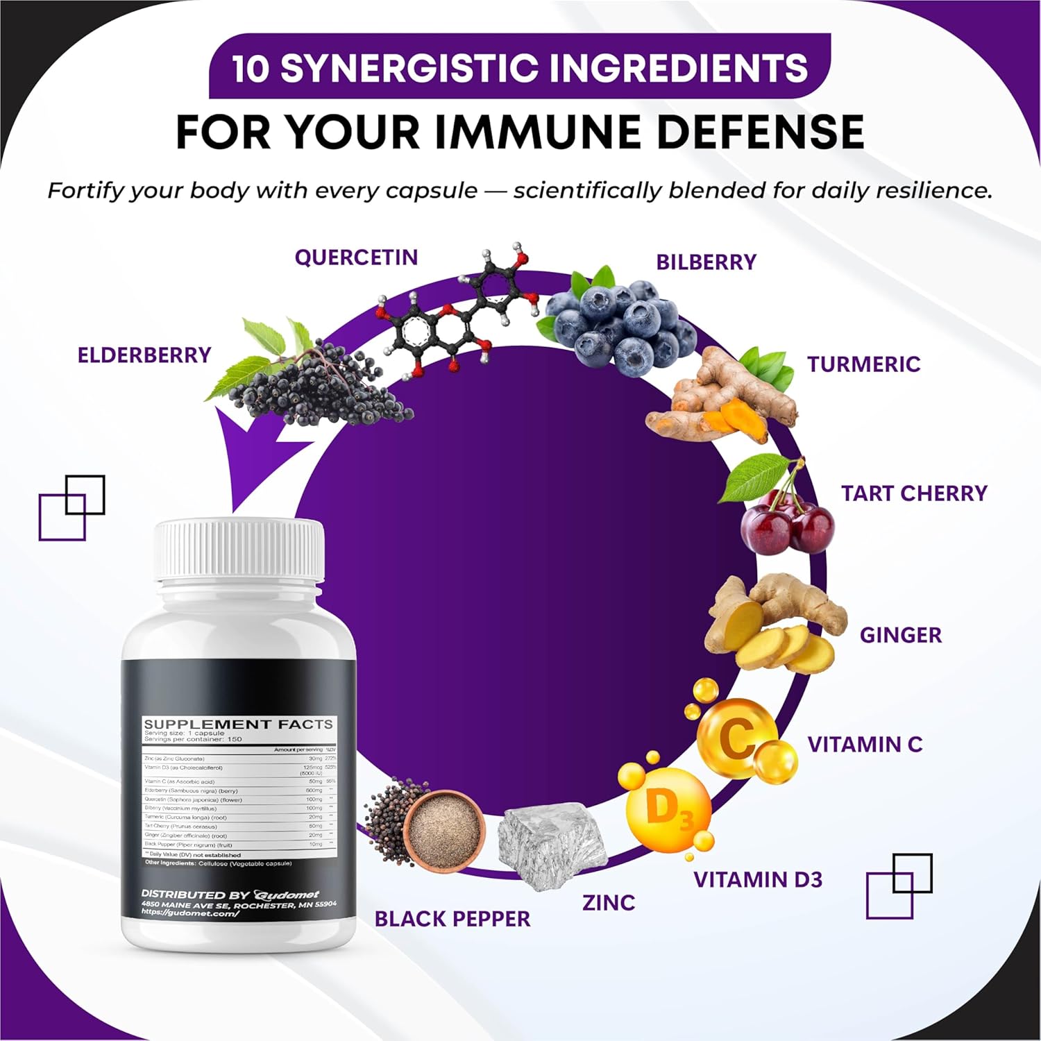 Elderberry Quercetin Bilberry Turmeric Tart Cherry Ginger Vitamin C Vitamin D3 Zinc Black Pepper -150 Capsules - Image 5