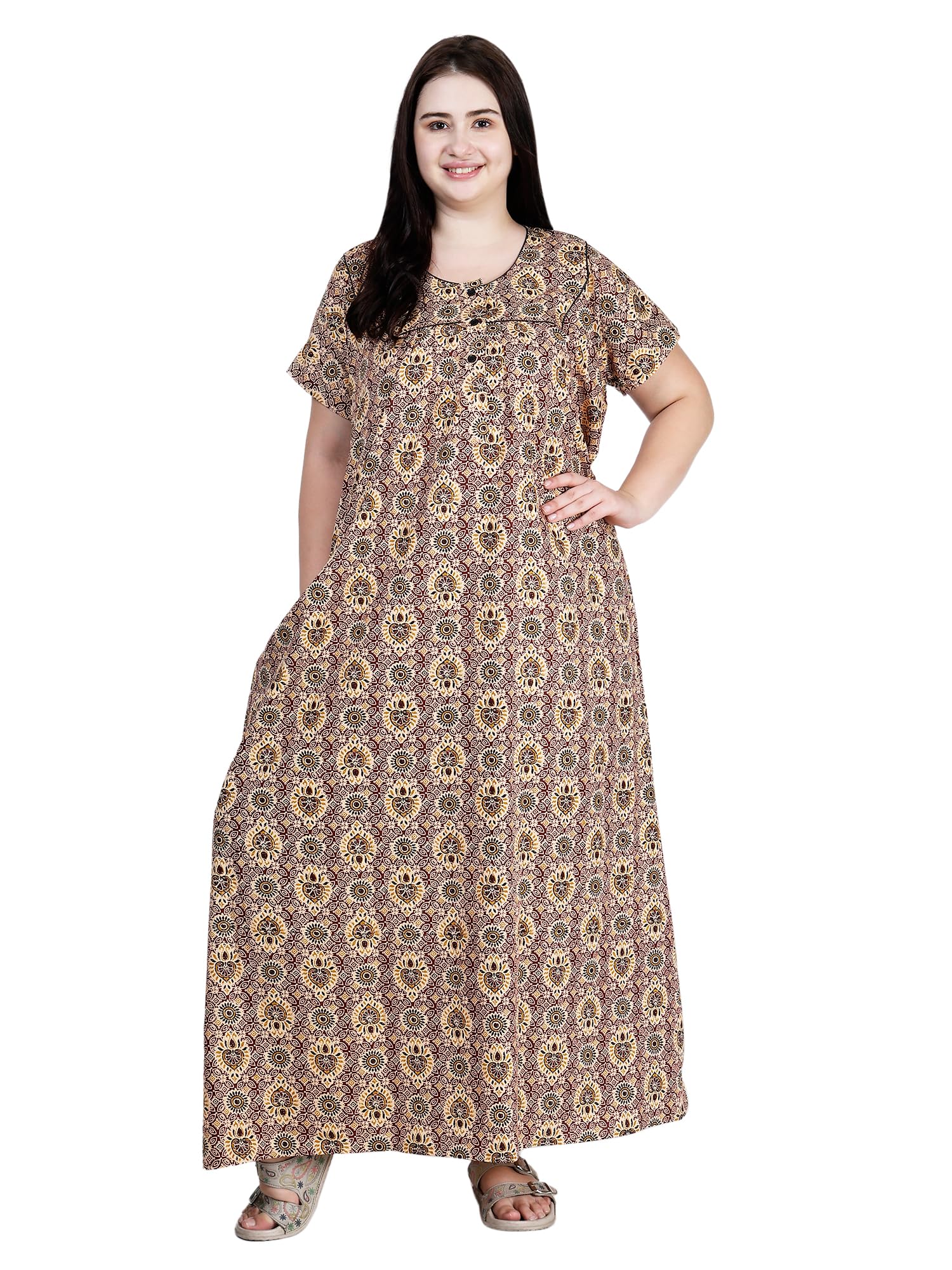 osf Women's Printed Cotton Floral Maxi Round Neck Full Length Nightwear Night Gown Nighty (Pack of 1, NW0395)-picture-40