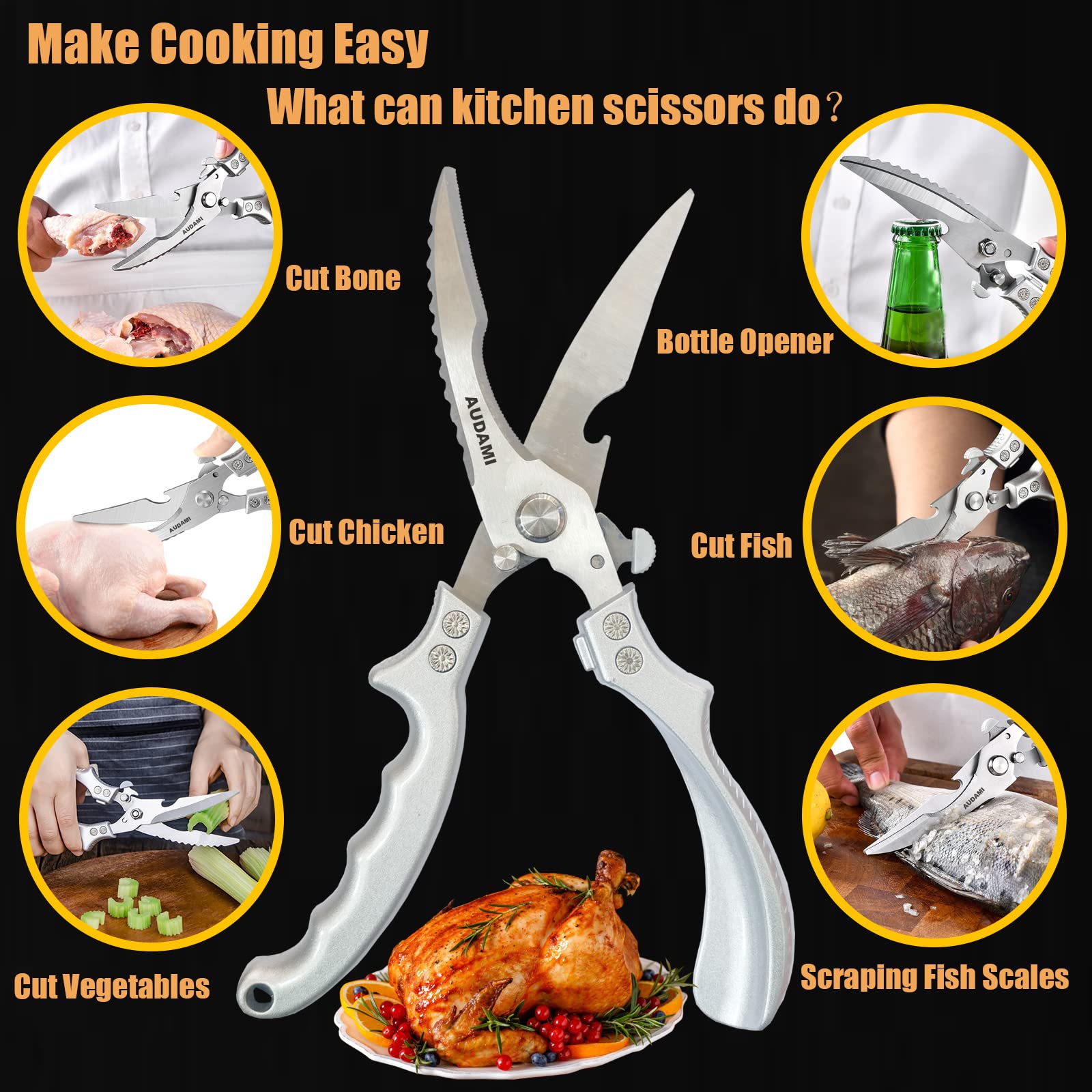 Juego de 2 tijeras de cocina de alta resistencia, tijeras de aves de corral, tijeras de cocina profesionales, tijeras de cocina aptas para lavaplatos, tijeras de acero inoxidable