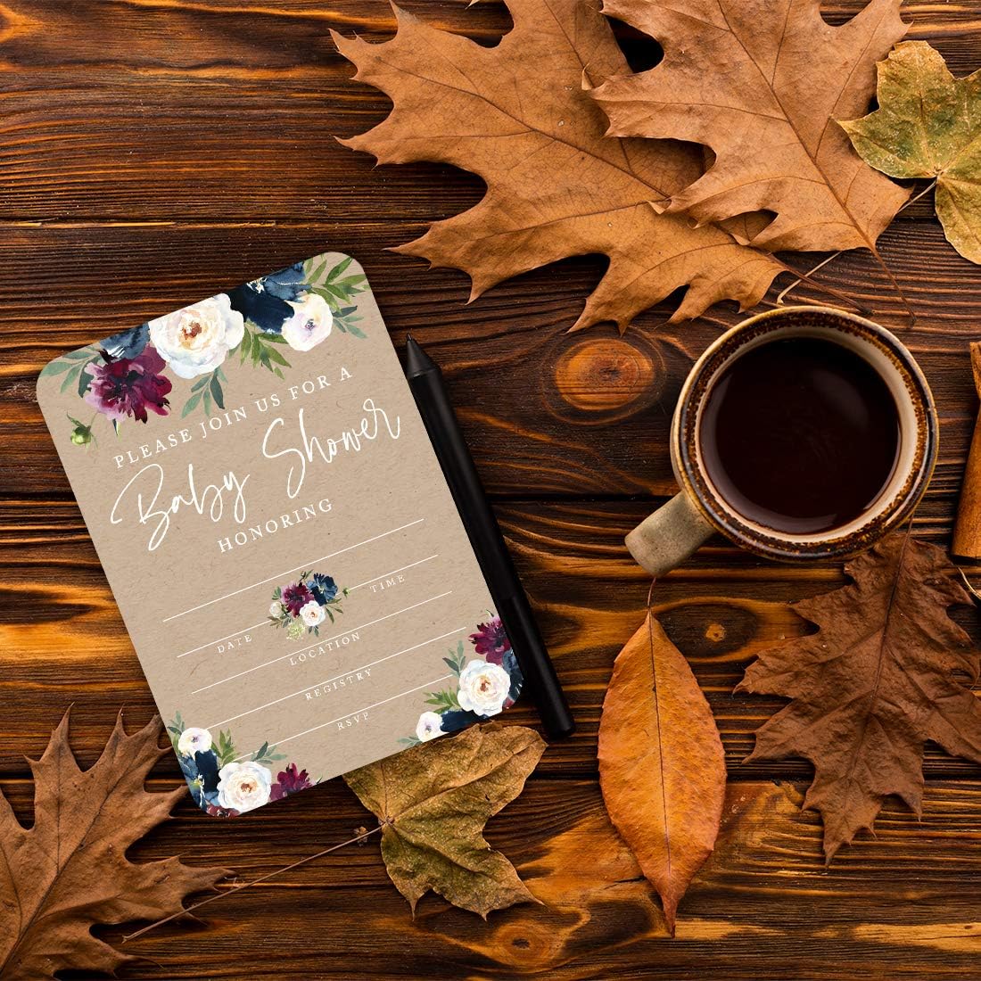 Andaz Press Kraft Brown with Burgundy Midnight Blue Florals Fall Baby Shower Party Collection, Blank Invitations with Envelopes, Floral Bouquet Graphic Design, 20-Pack