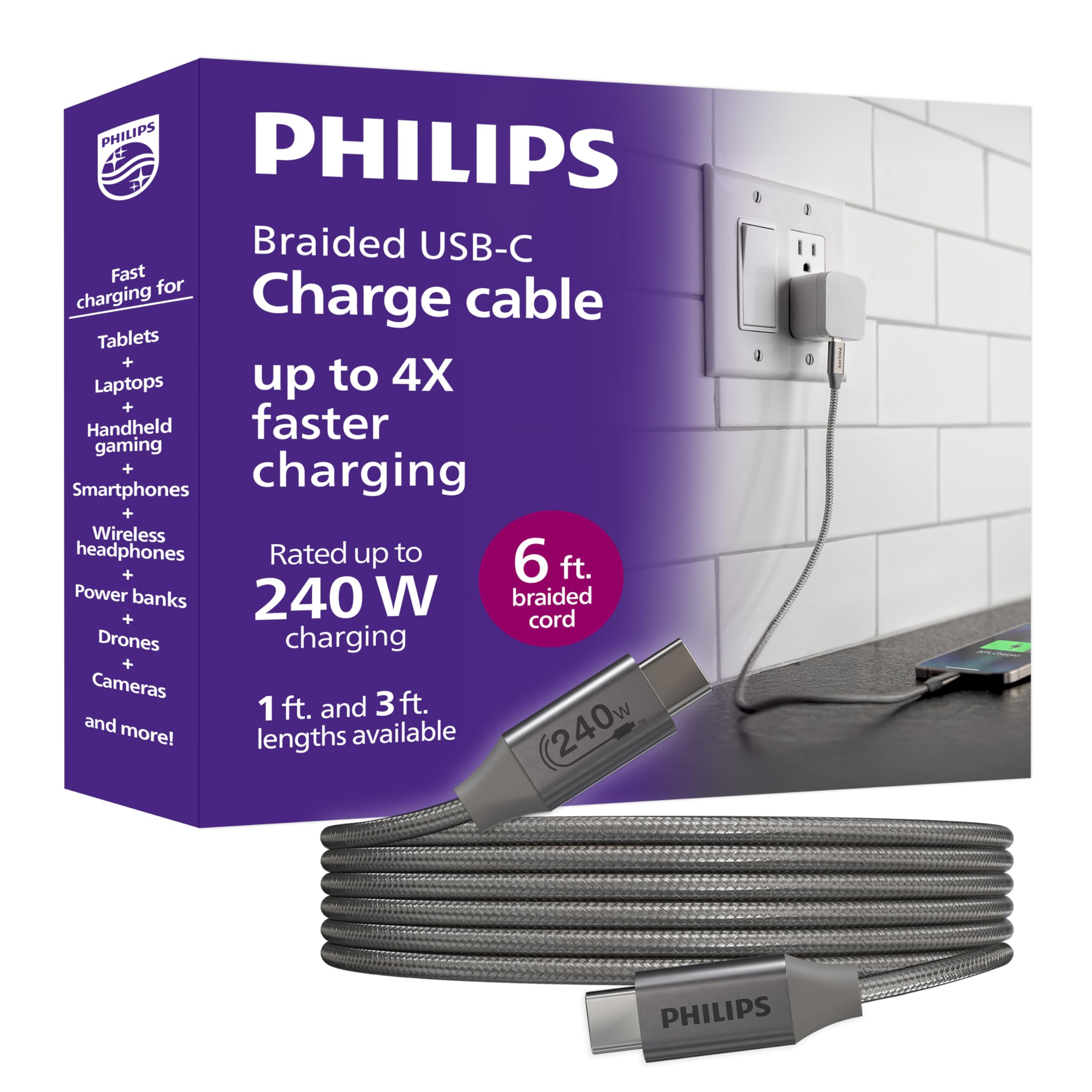 Philips 240W USB-C to USB-C Charging Cable, Laptop & Phone Cable for MacBook Pro & Air, Windows, iPhone 17 Series, Samsung Galaxy, Google Pixel, Drone, Camera, External SSD, 6 Ft, DLC3535BG/37