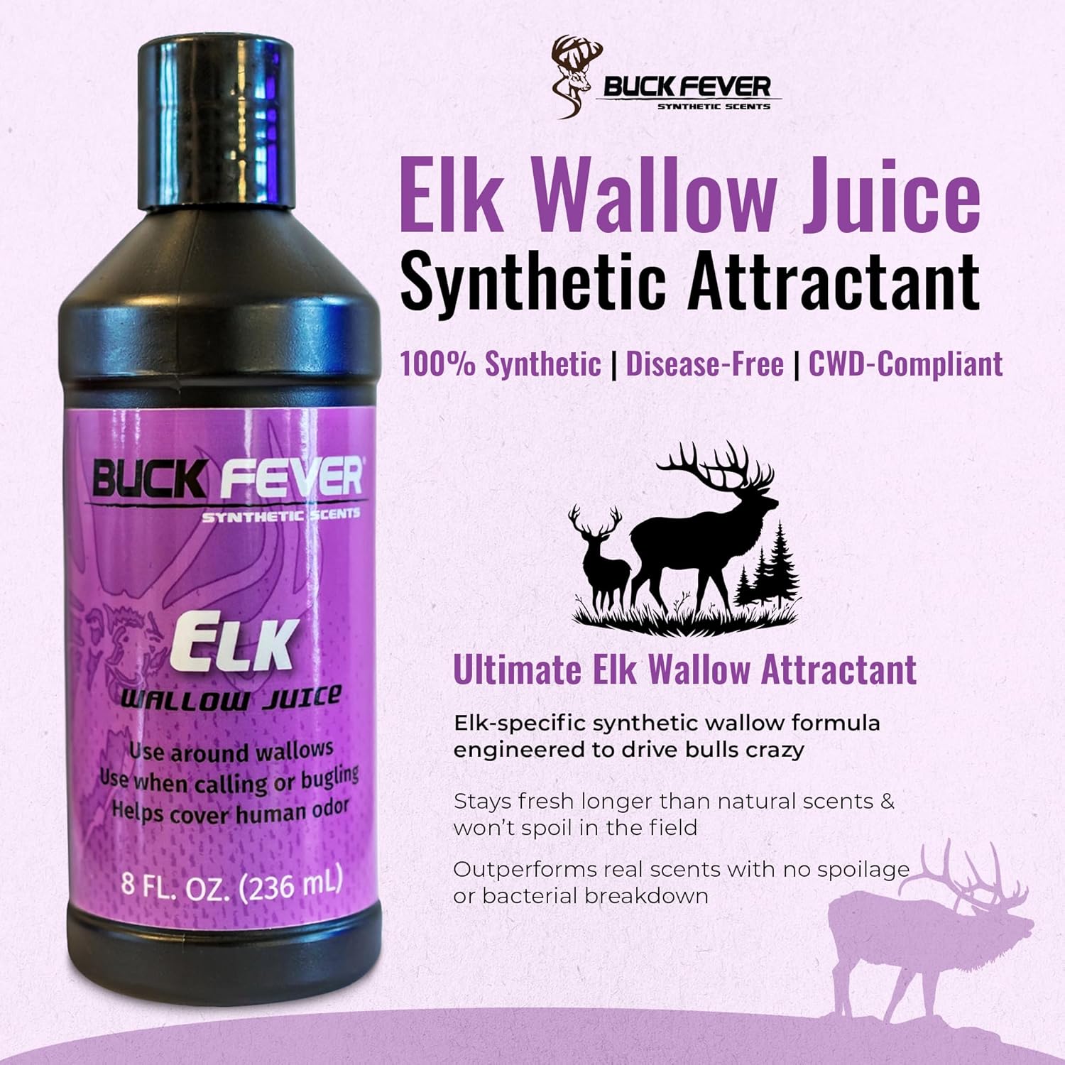 Buck Fever Elk Wallow Juice (1Gal) – Synthetically Formulated Elk Scent Attractant – Non Spoiling Synthetic Cow & Bull Rut Scent for Trail Camera – Moisture Reactivated Mature Bull Hunting Scents