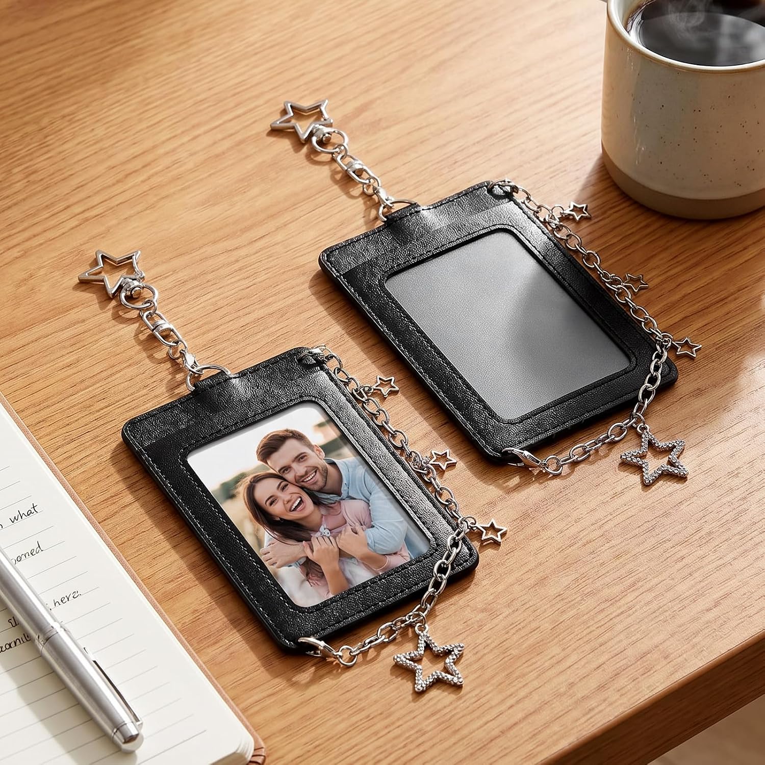 Photocard Holder Keychain with Metal Chain Photo Card Protector Star Pendant Black Leather Photo Card Holder Hard Protective Cards Case ID Badge Holders Bag Charm for Fans Concert Daily Use Lover