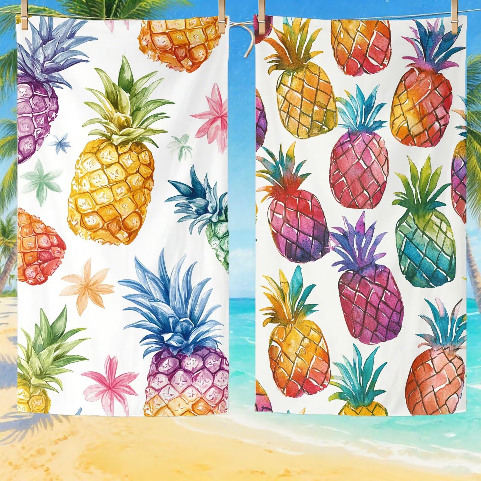 Serviette de Plage Microfibre Serviette Plage 100x220 2 Pack Séchage Rapide, Anti-Sable, Absorbante Fonction drap de plage xxl pour Bain, Sport, Voyages, Sauna, Piscine, Yoga, avec Sac Ananas Q-229