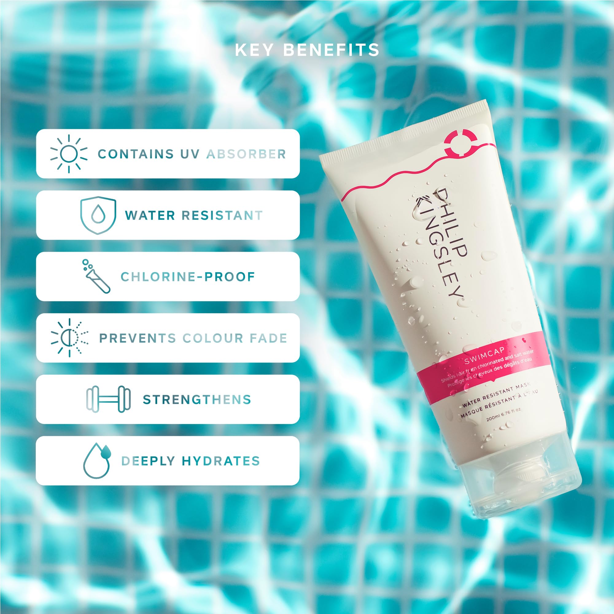 Philip Kingsley | Gorro de baño - Mascarilla resistente al agua con cloro para la protección del cabello | Swim Hair Mask, protege el cabello del cloro, el agua salada y el daño por calor | 200ml