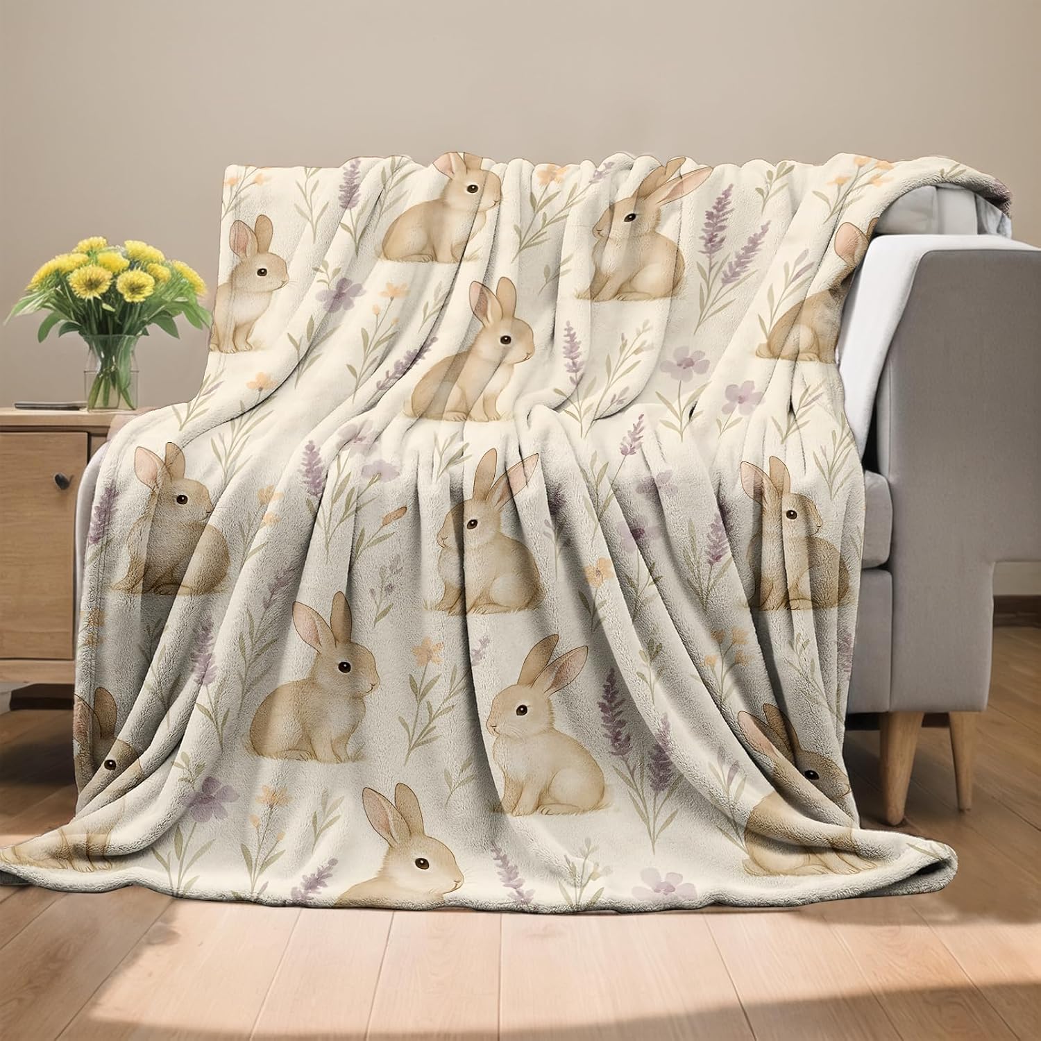Bunny with Wildflowers Blanket, Flannel Throw Blanket Soft Cozy Lightweight Blankets for Adults Women Kids Home Decor for Sofa Couch Bed 60x50 Inch - Image 2