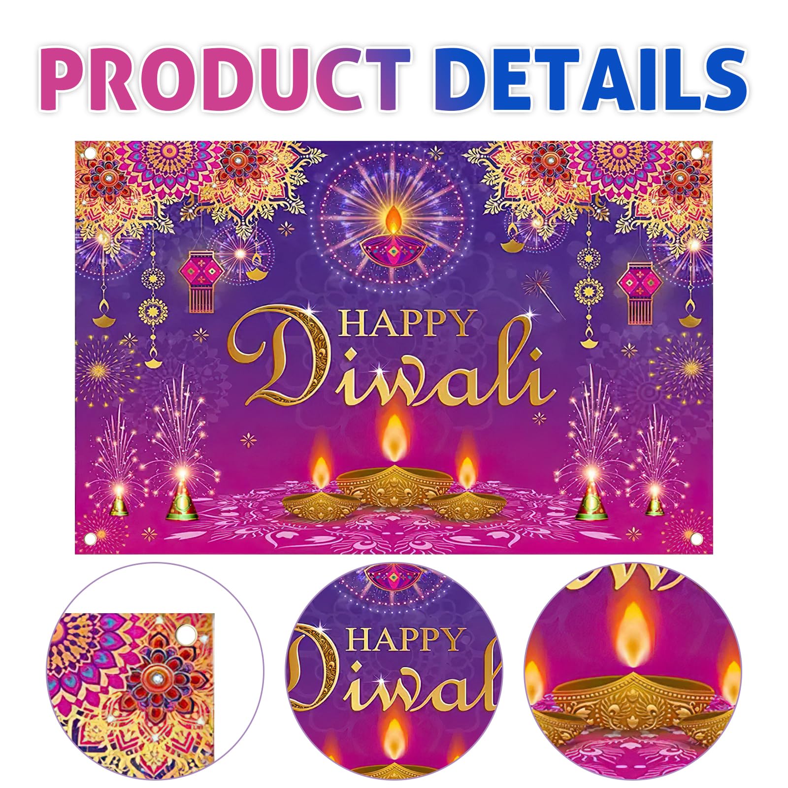 Diwali Decor Banner, Happy Diwali Backdrop Banner Decorations, Indian Deepavali Lights Diyas Decor Supplies - Image 3