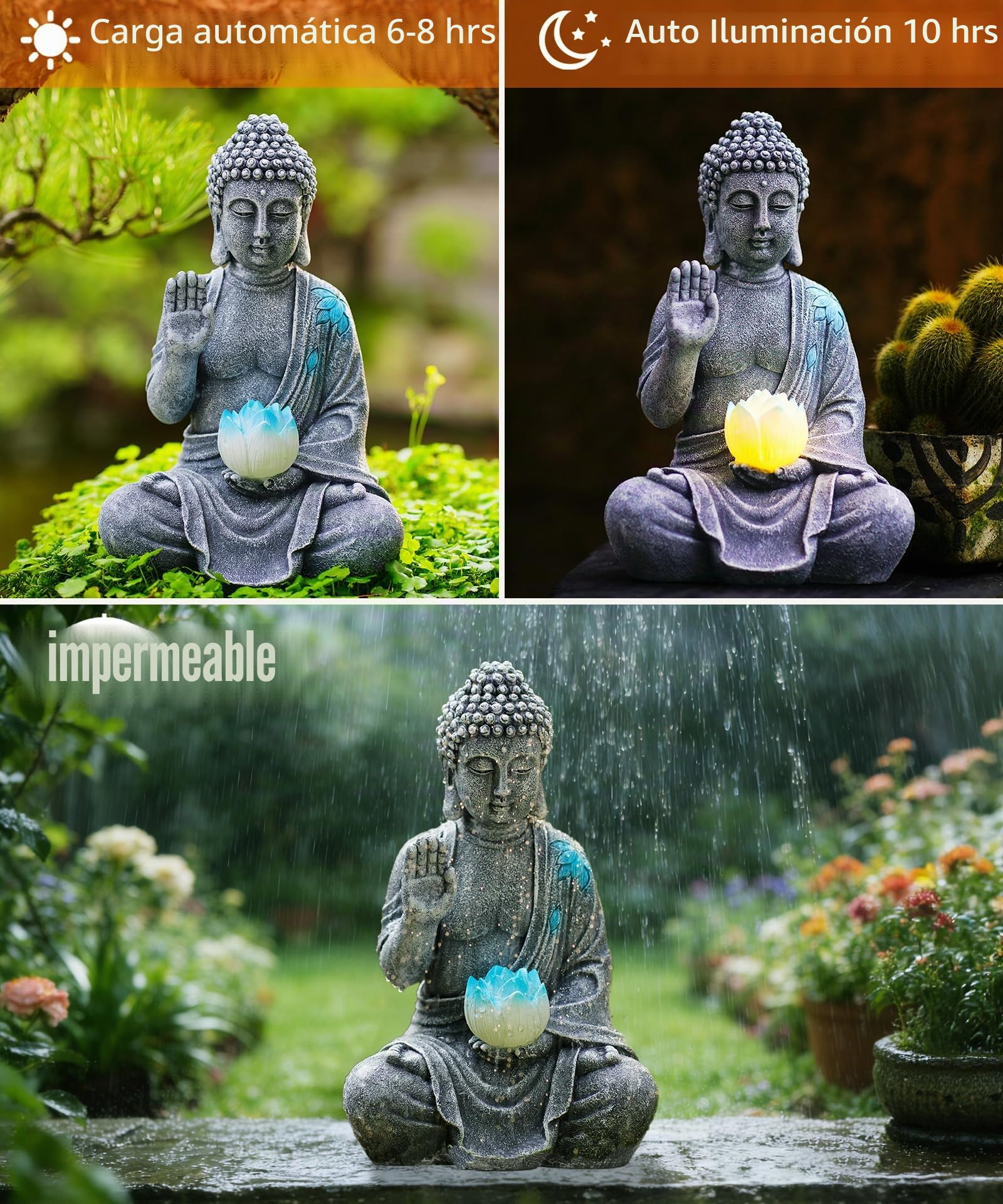 Yeomoo Figura de Buda con Solar LED Lotus para Jardín - Decoración Resistente al Clima para Meditación, Figuras de Jardín para Zen, Sala de Estar, Feng Shui, Regalo Espiritual para Mujeres, Mamá