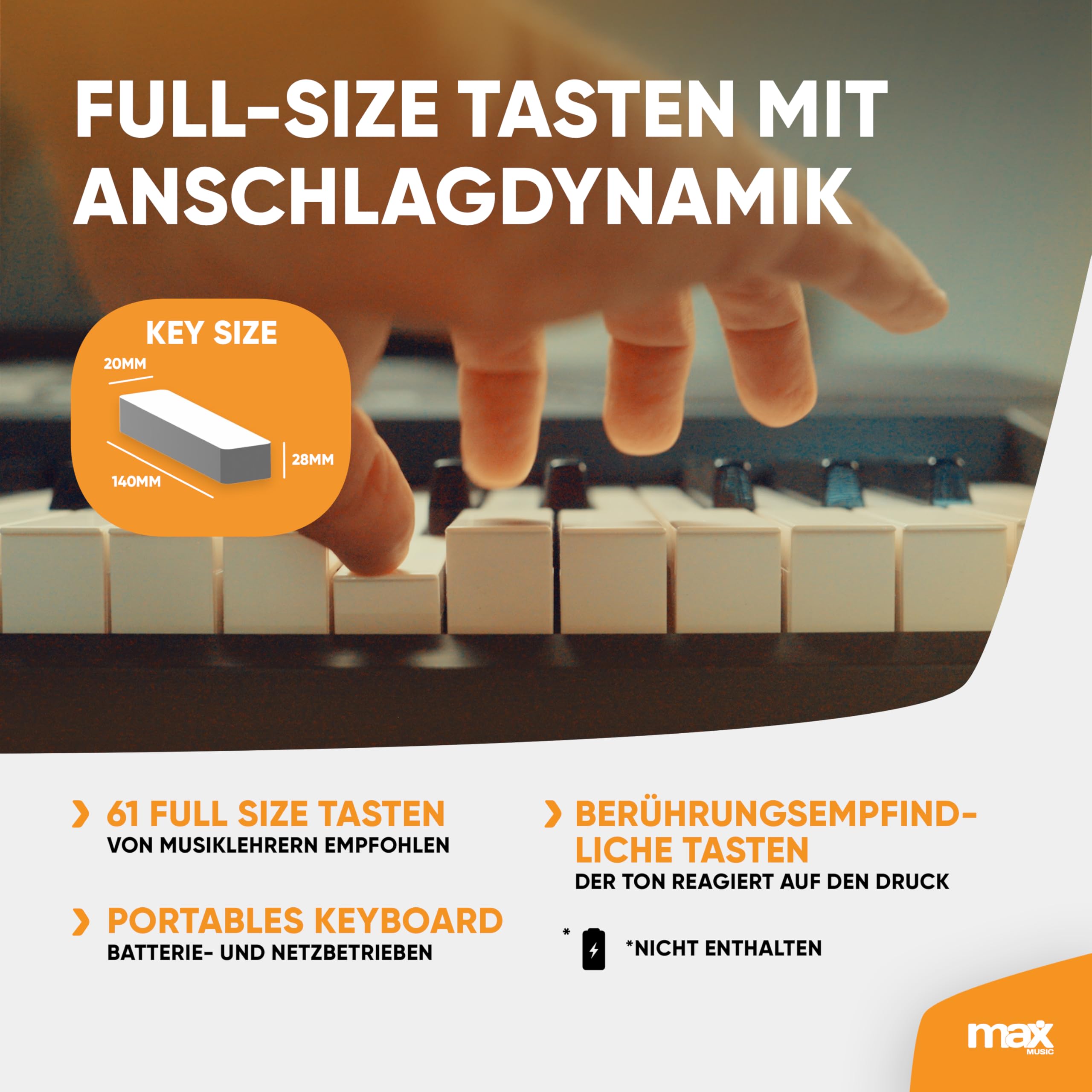 MAX Rhapsody61P - MIDI Keyboard Piano mit 61 Tasten und Pitch-Wheel, Keyboard mit Ständer, Kopfhörer & Sustain Paddle, Anschlagdynamik, LCD Display, Lern-Funktion, 8h Akku, 40 Demosongs, 300 Sounds
