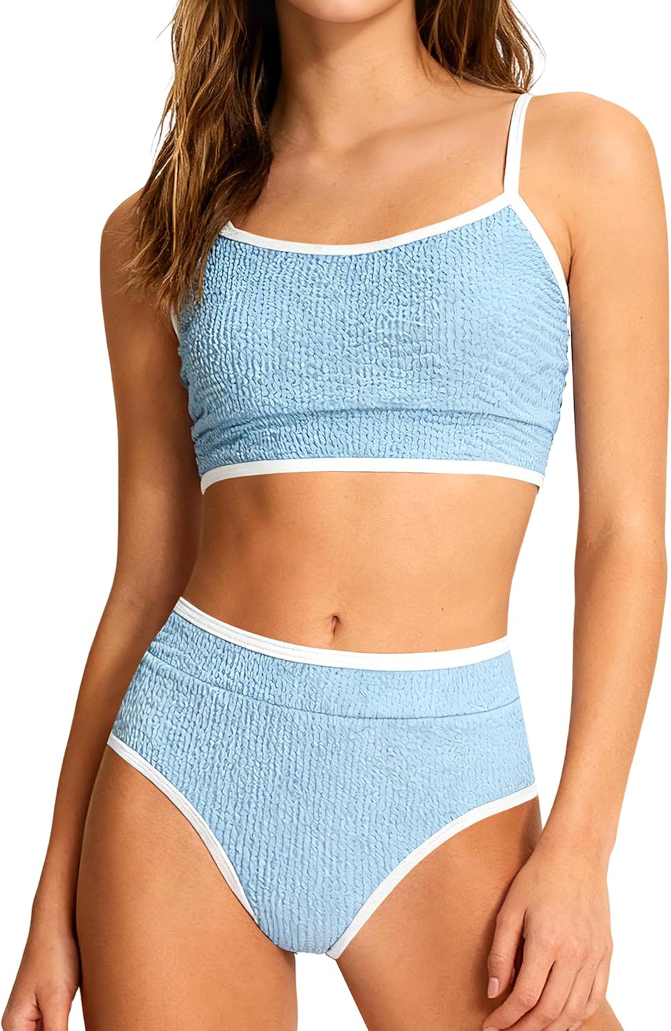 Girls Swimsuit Two Piece Scoop Neck Solid Color Bikini Set Adjustable Strap High Waist Bathing Suit for Girls 9-16Y