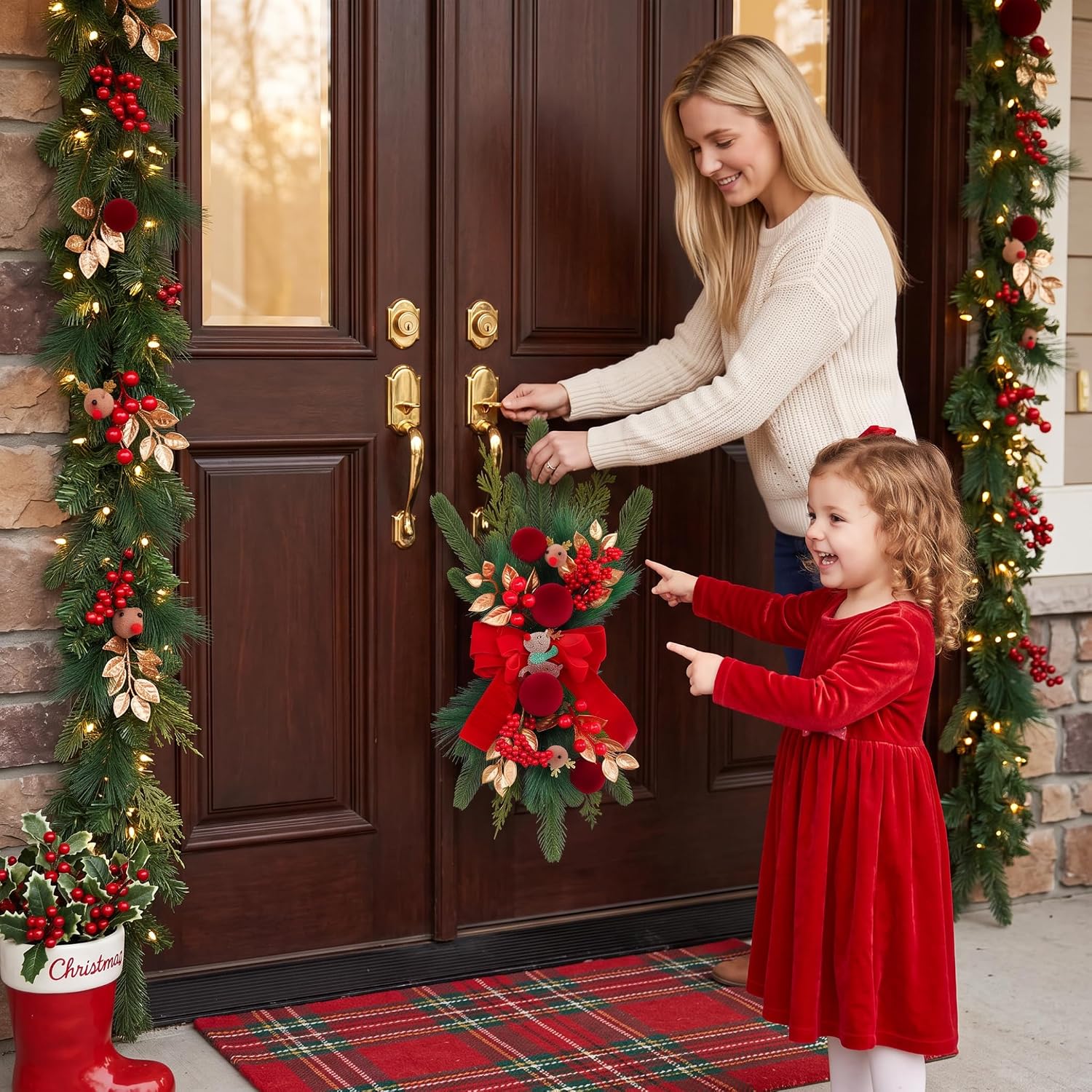 2PCS Christmas Door Wreath, Red Velvet Reindeer Teardrop Swag