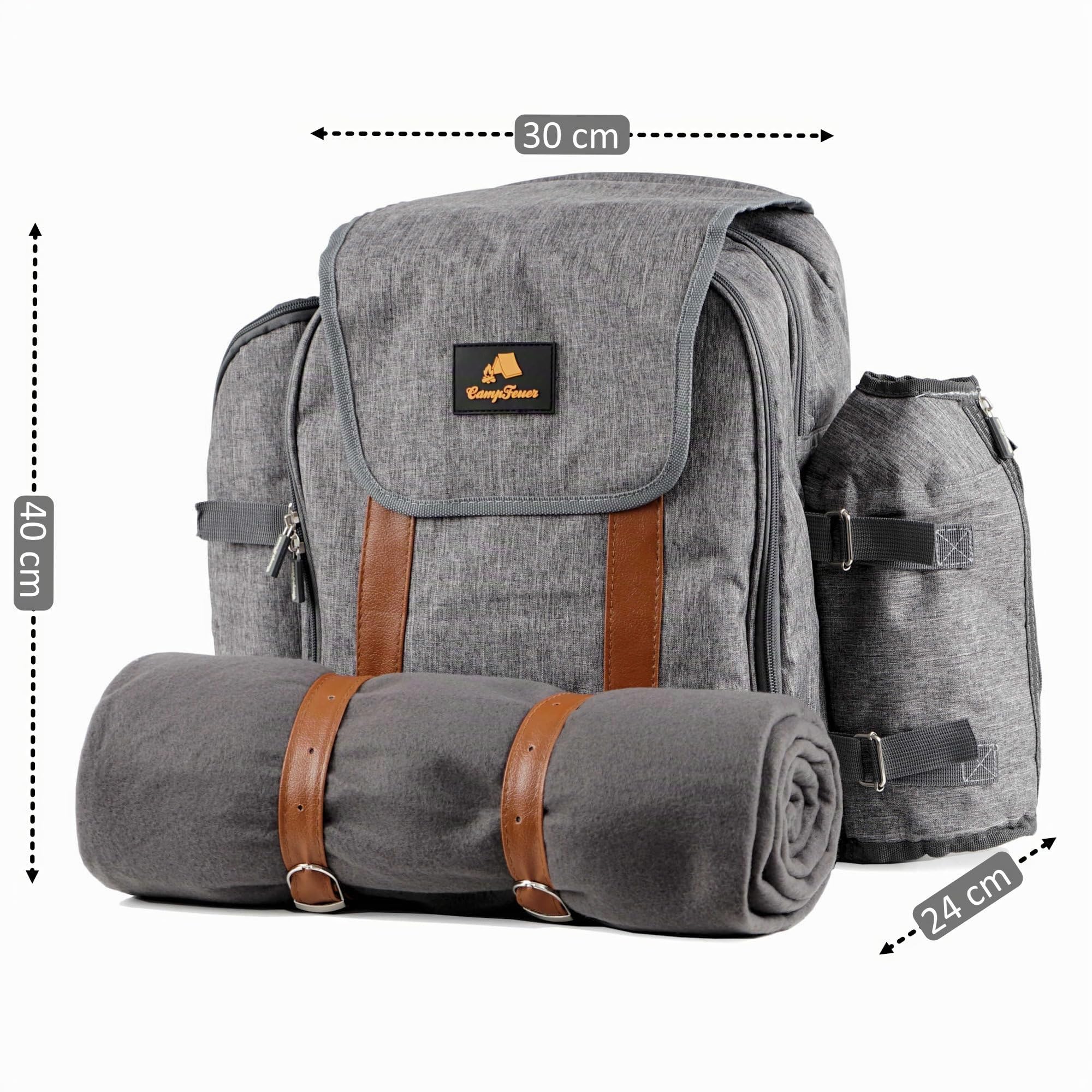CampFeuer Mochila de Picnic I 4 Personas I 32 Piezas I Color Gris I Portabotellas I Manta Picnic I Compartimento Frigorífico I Vajilla I Cubiertos