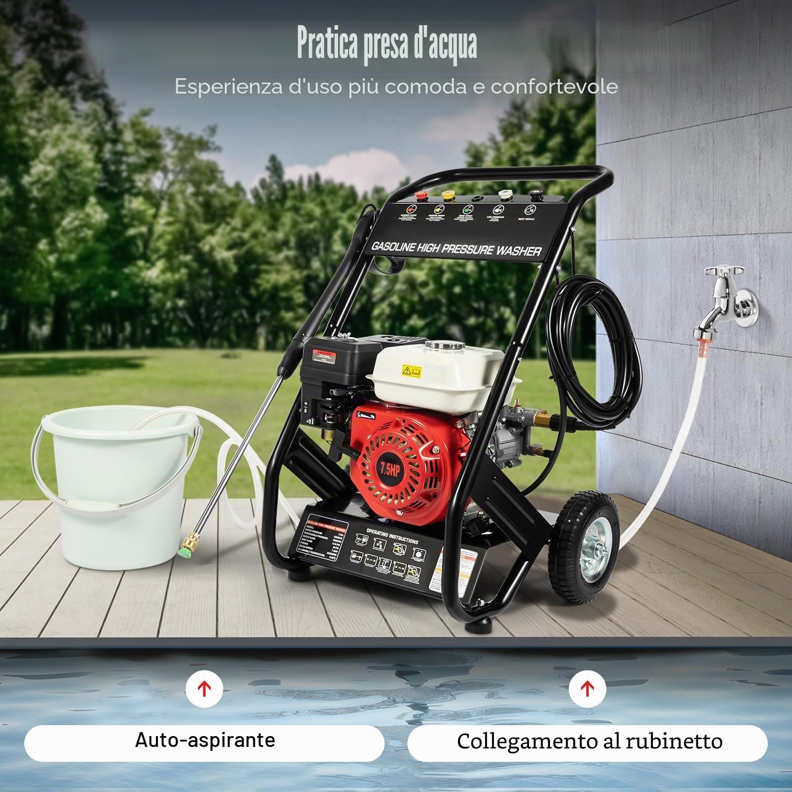 7.5HP Idropulitrice a Benzina 4 Tempi Monocilindrico Raffreddato ad Aria per Casa e Auto per Lievi Smaltimenti su Biciclette, Recinzioni da Giardino, Motociclette Con Pistola e Tubo ad Alta