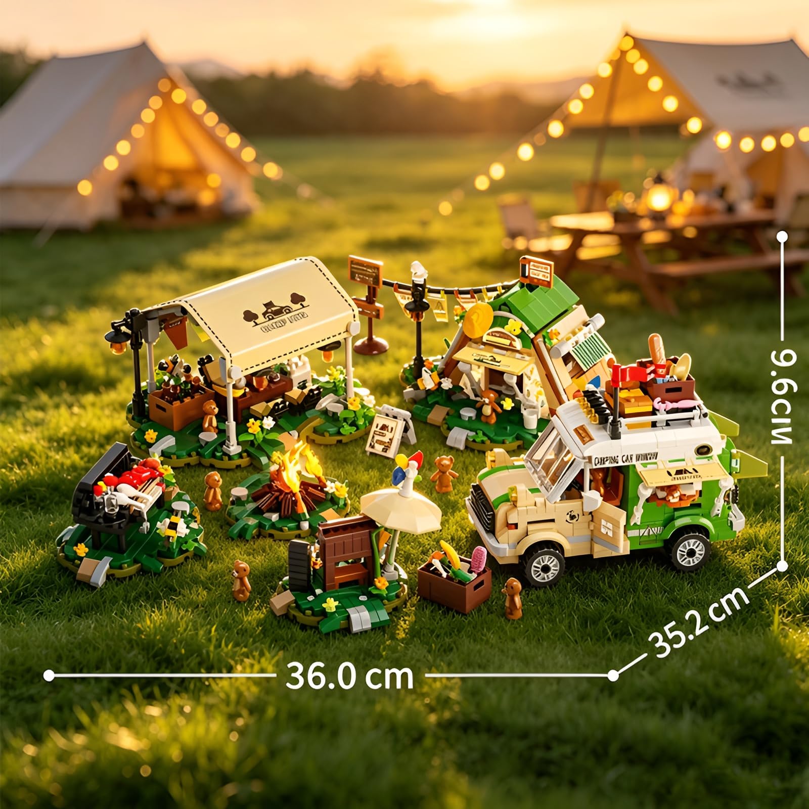 Camper-Van-Mini-Micro-Bausatz mit Campingzelt für draußen Geschenke Deko | 1982Stk Bausatz eine Camping-Szene mit Wohnmobil, Zelt,Grill Lagerfeuer, Modulares Design unzählige Kombinationsmöglichkeiten