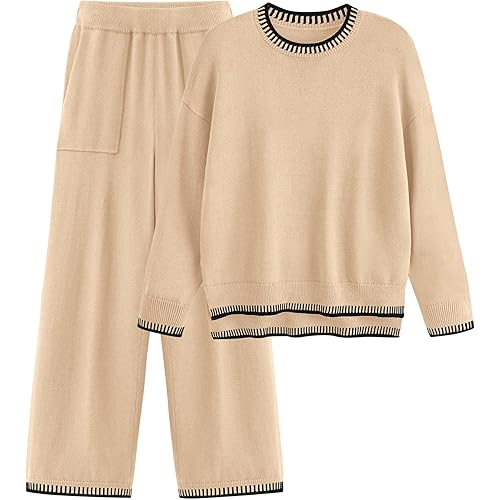 PRETTYGARDEN Womens 2 Piece Knitted Casual Long Sleeve Pullover Wide Leg Pant Set