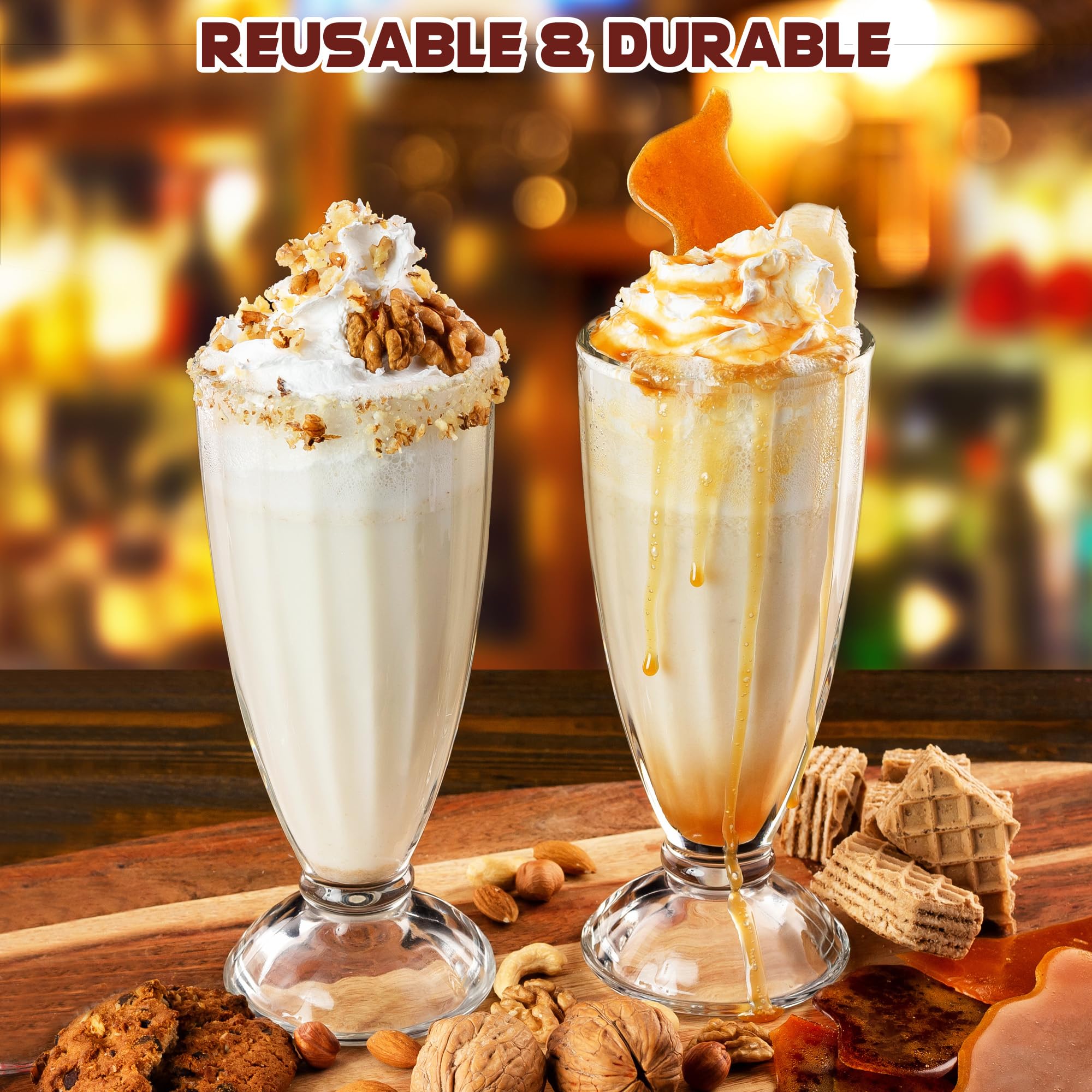 Hejo 2 Stück Eisbecher Glas, 360ml Wiederverwendbar Dessertgläser, Eiskaffee Gläser mit Löffeln, Milchshake Gläser mit Fuß, Iced Coffee Glas für Eis Dessert Getränke Cocktails