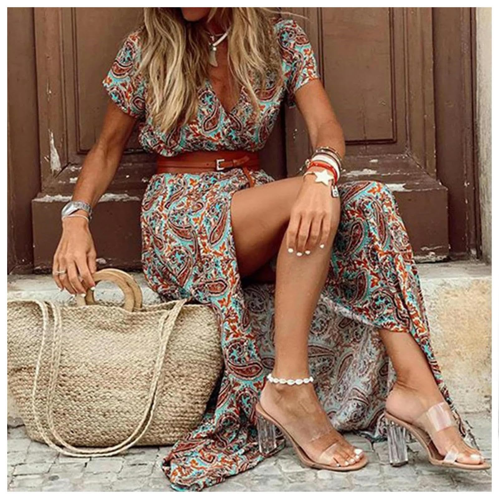 Gonna Lunga Abito Lungo per Donne Summer Beach Abiti Bohémien, Abiti da Veste Casual con Gonna Floreale-Khaki-m