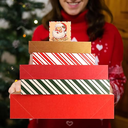Miniatura 6 de POPGIFTU 18 cajas de Navidad de papel kraft con tapas para regalos (4 tamaños y 18 diseños), cajas de regalo de Navidad a granel con etiquetas