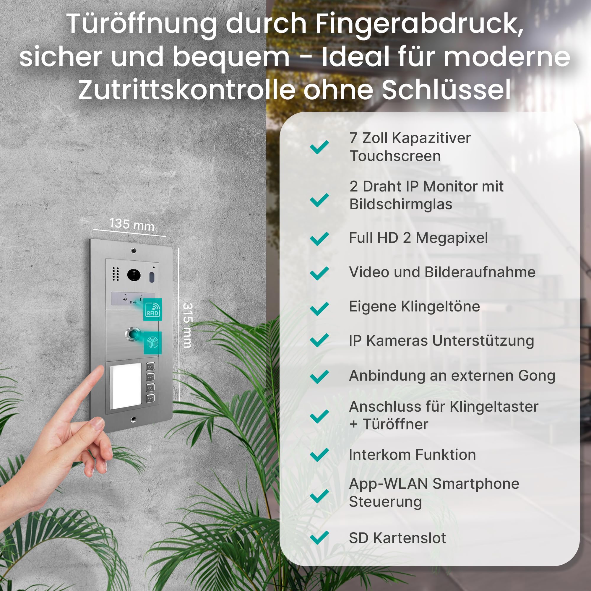 MATHFEL Video Türsprechanlage für 2 Familienhaus mit 2 Jahren Garantie - 7-Zoll 2 Megapixel Full HD Kamera mit Weitwinkel und Fingerprint - Türklingel mit Kamera 2 Familienhaus