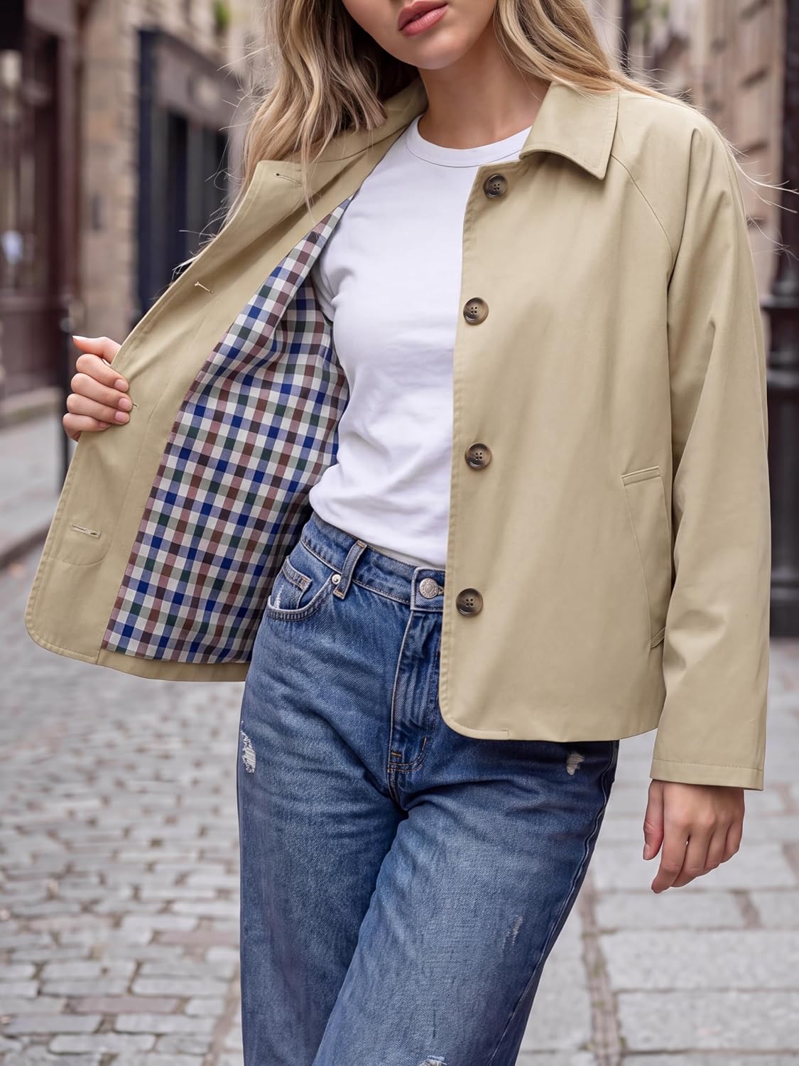 Womens Cropped Trench Coat Plaid Lining Button Down Casual Jacket