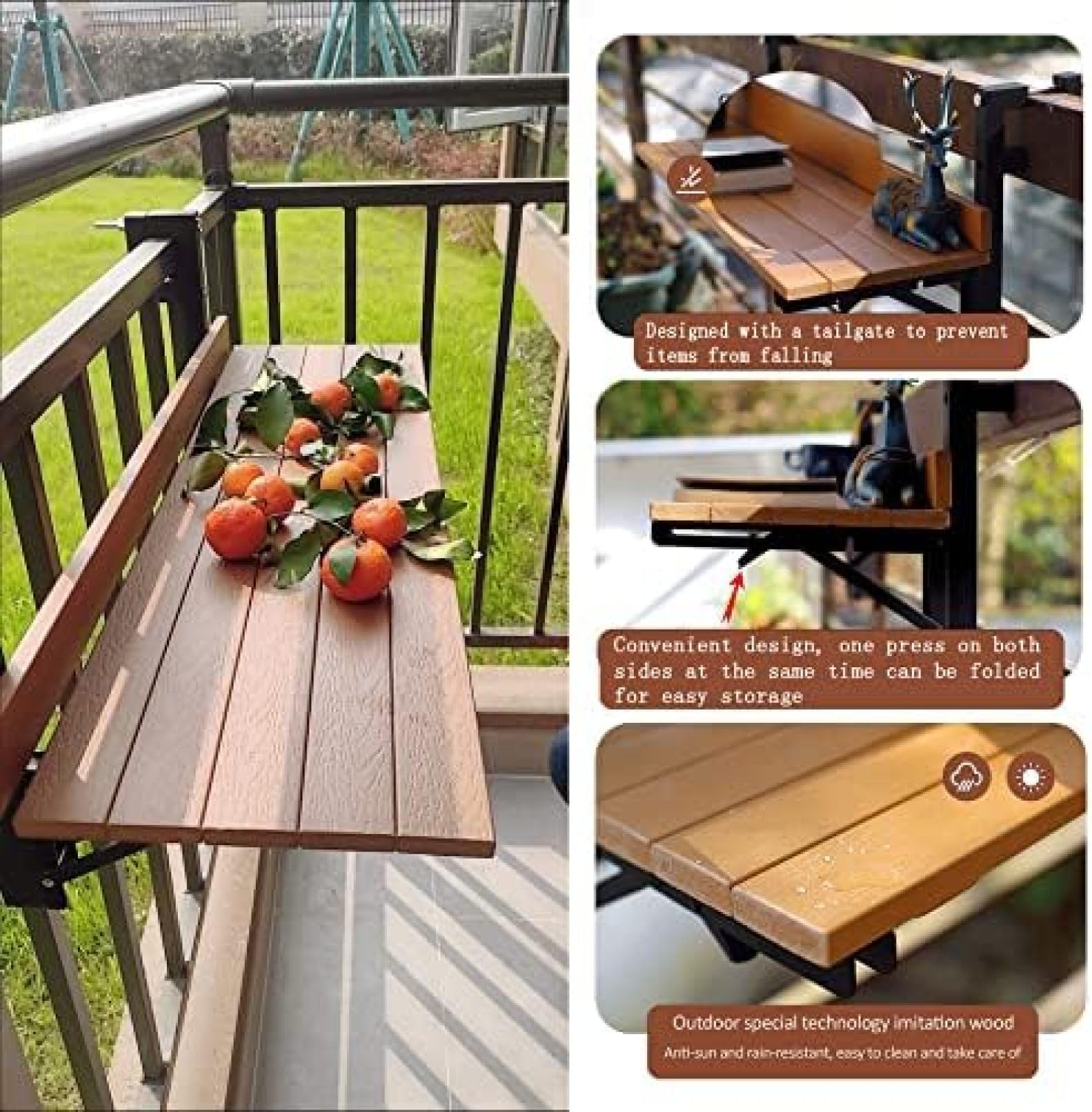 Balkonowy stolik barowy do balustrad, 80 * 26 cm/31,4 * 10,2 cala, stolik barowy na zewnątrz, składany stolik boczny, małe składane biurko oszczędzające miejsce, montowane na ścianie stoliki boc