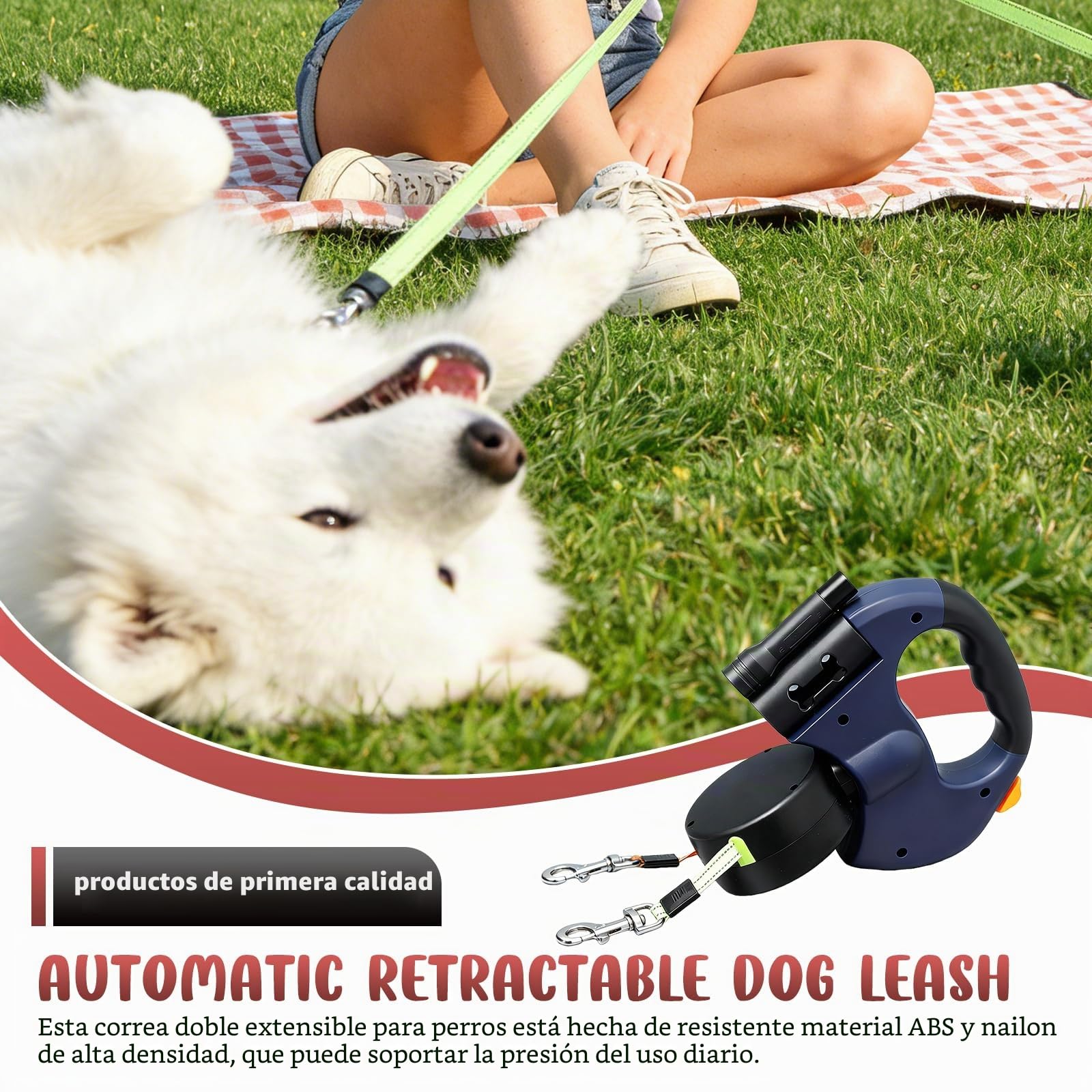 BAIFULAI Correa retráctil para 2 perros, correa doble de 3 m para 2 perros con luz, mango antideslizante, extensible, para perros pequeños y medianos (azul)