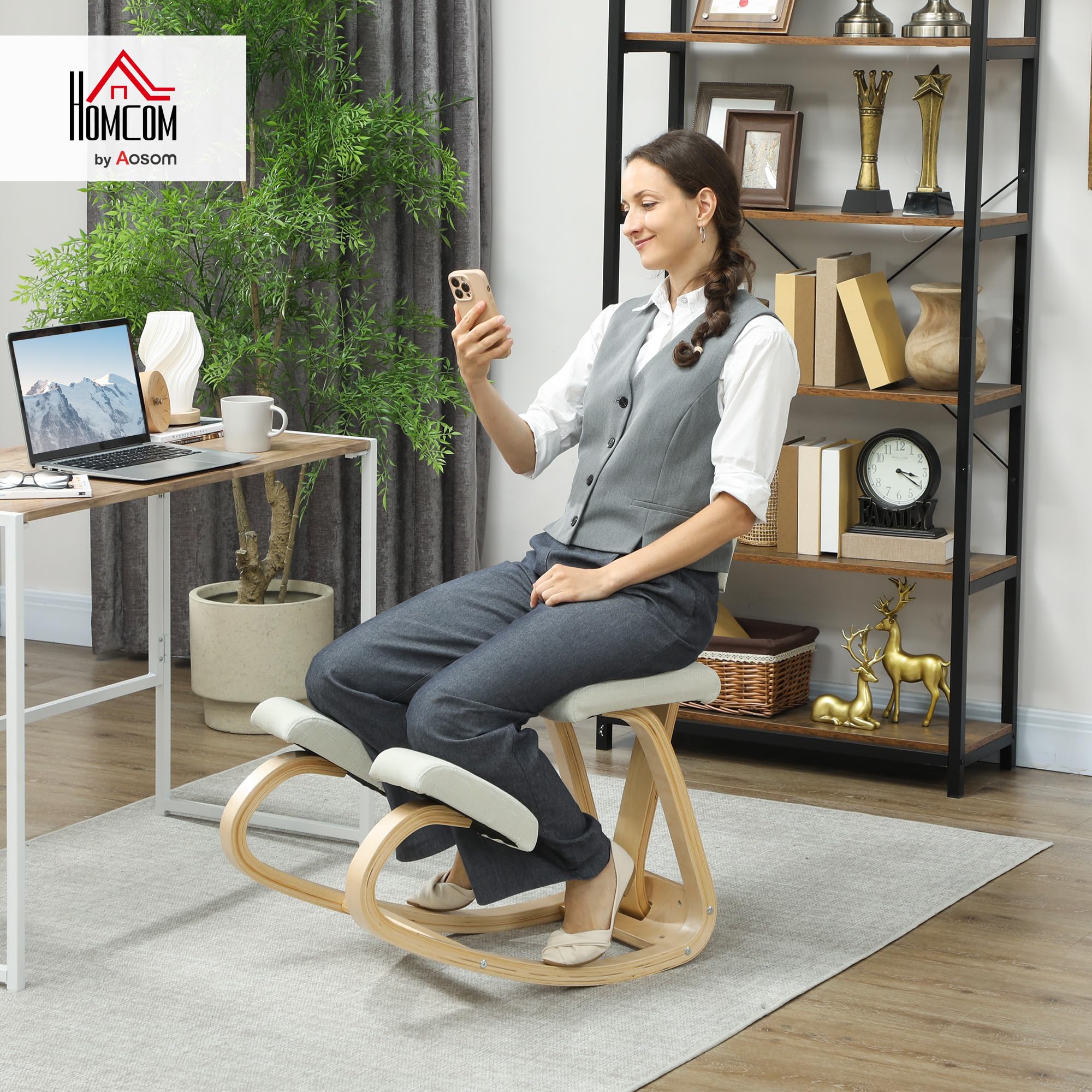 HOMCOM Ergonomischer Kniestuhl mit Rückenlehne, Sitz, Kniesitz mit Wippe, ergonomischer Hocker aus Holz, orthopädischer Bürohocker, Haltungskorrektor, lindert Rückenschmerzen, Creme
