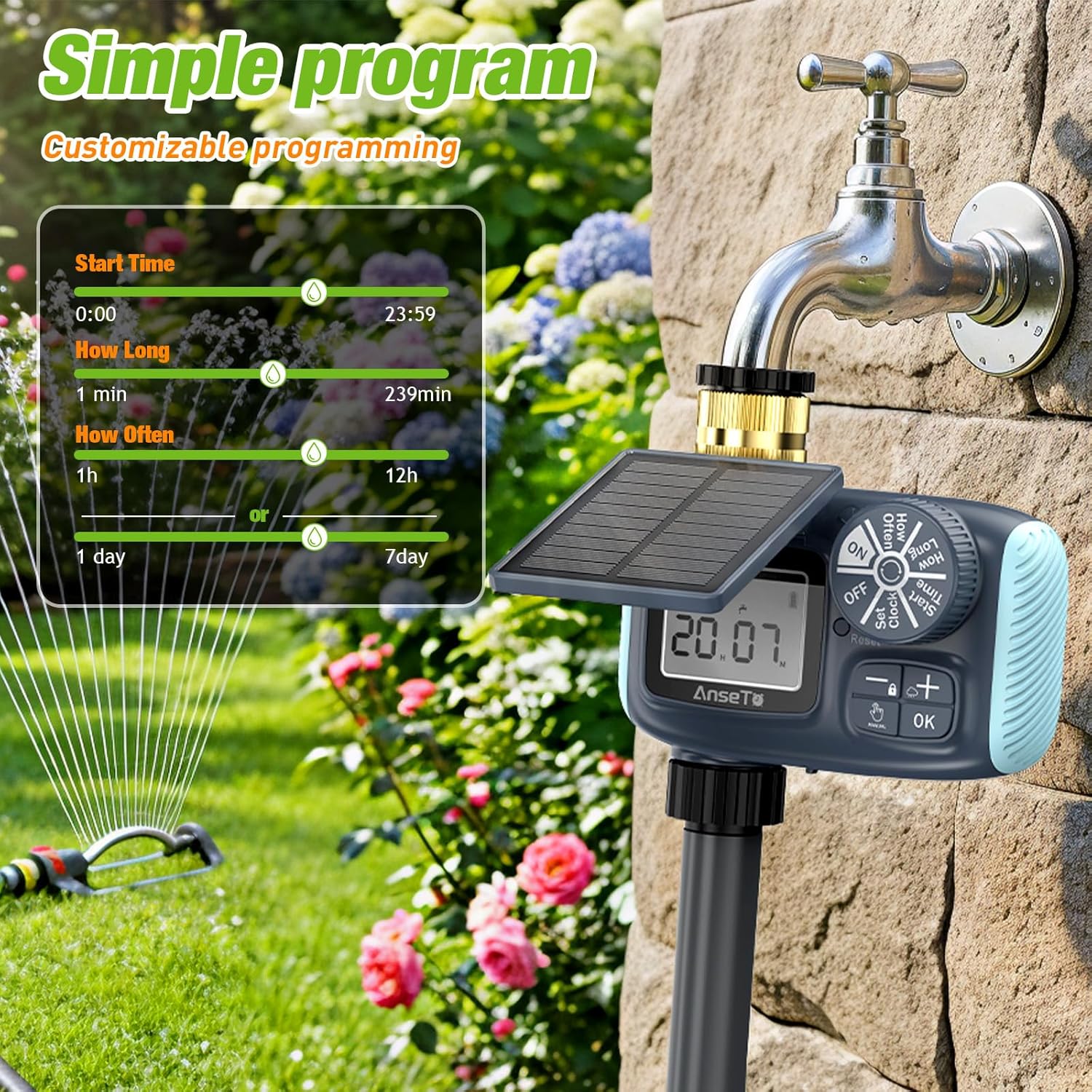 Solar Sprinkler Timer, Solar & Type-C Rechargeable Water Timer for Garden Hose, Programmable Faucet System with Rain Delay/Manual/Auto Mode, Digital Irrigation Controller for Lawn/Yard/Pool