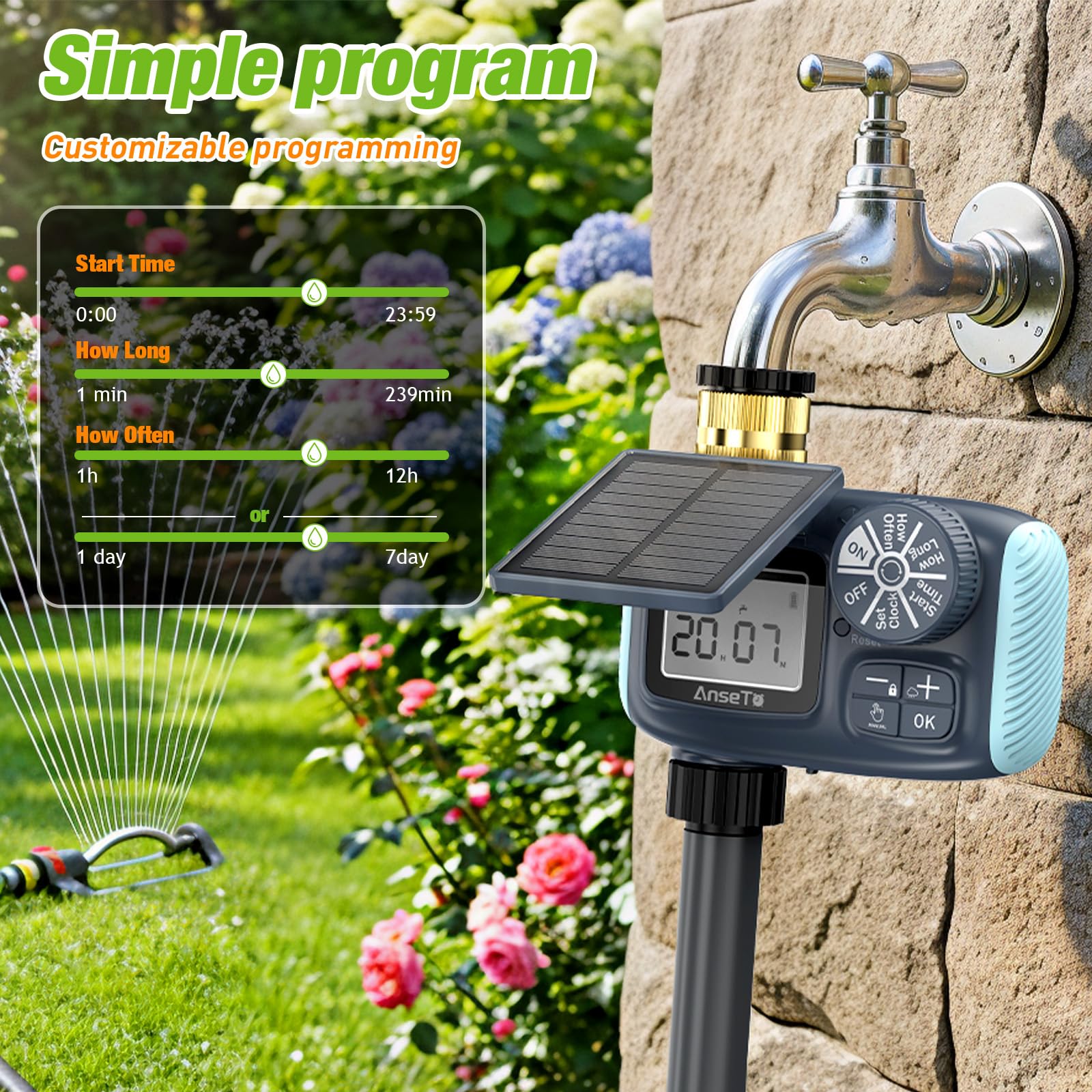 Programmateur Arrosage Automatique Solaire, Système D'irrigation Automatique, Charge par Câble USB-C et Panneaux Solaires, Ecran LCD Ultra Clair,Contrôle de I'irrigation pour Jardin et Pelouse