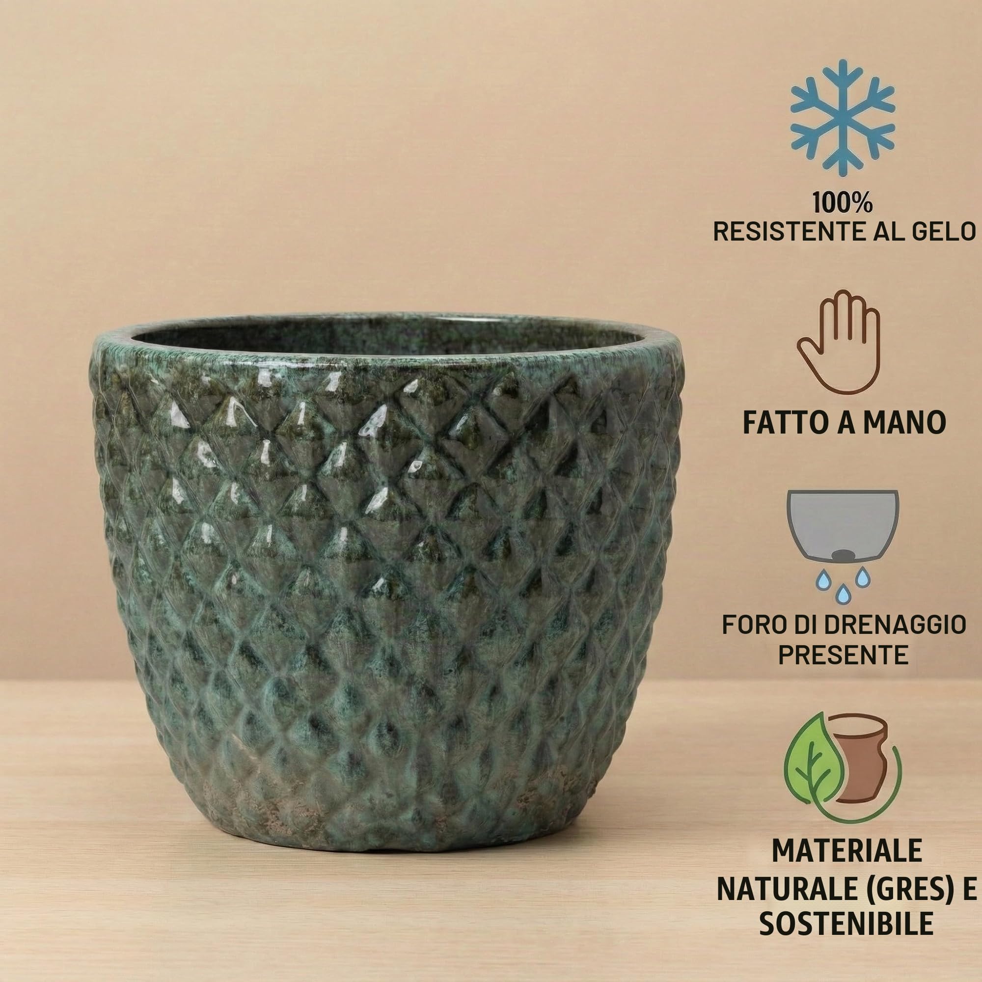 Teramico Vaso per piante in gres di alta qualità, resistente al gelo, in ceramica smaltata, con struttura a bolle 3D, durevole, resistente all'inverno, per giardino e terrazza (verde muschio, 30 cm)