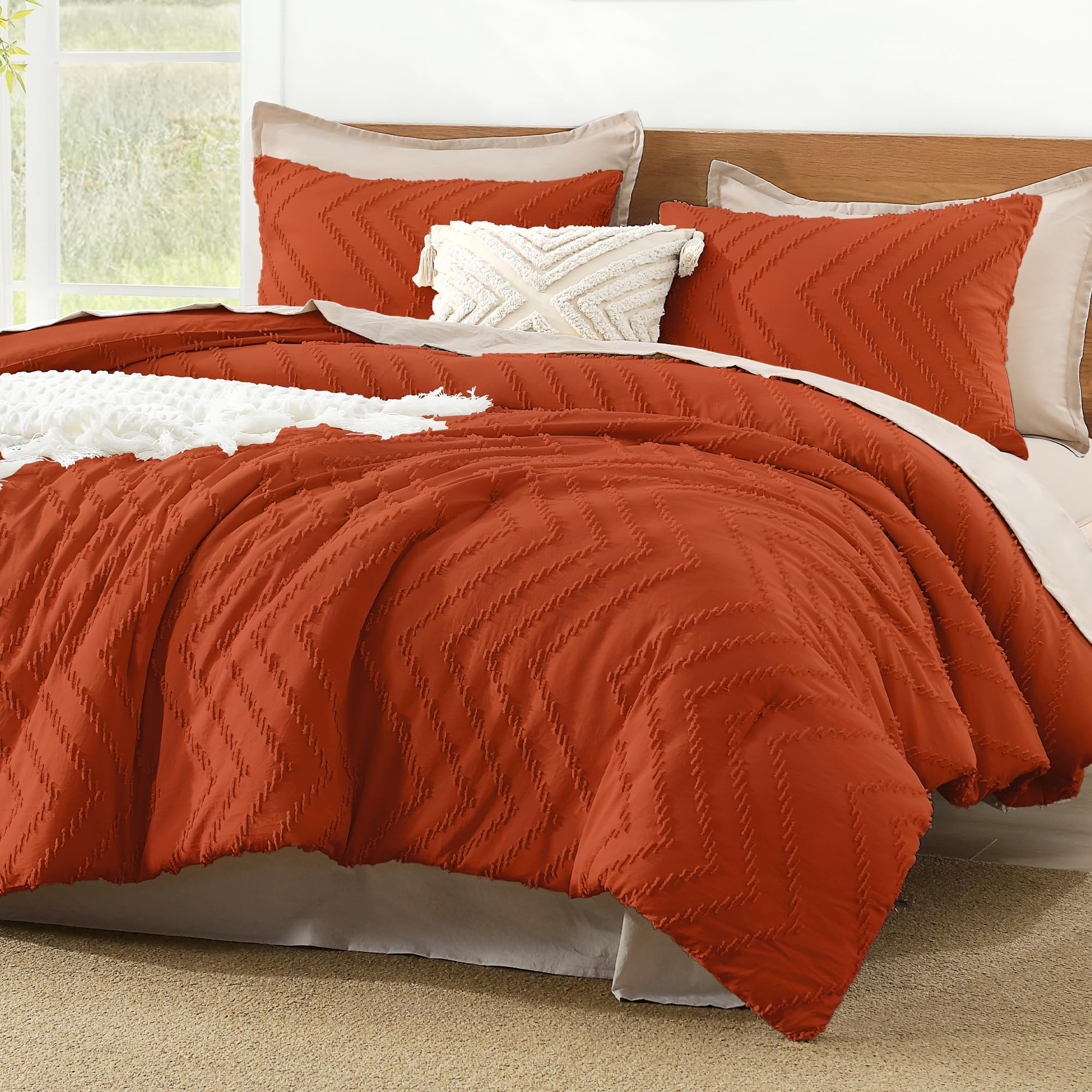 Litanika Comforter California King Size Set Burnt Orange, 3 Pieces Terracotta Rust Cal King Oversized Chevron Tufted Solid Bedding Comforter Sets,