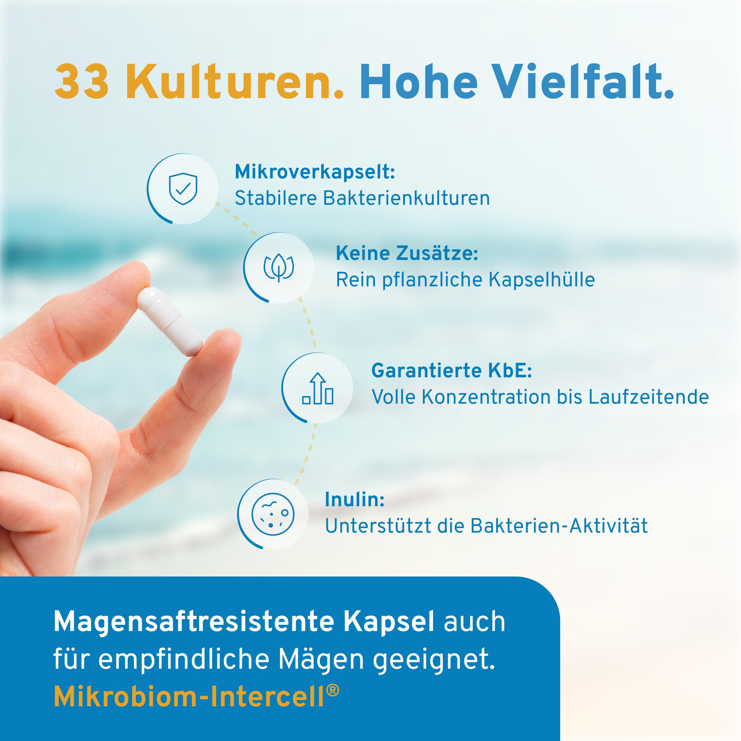 Mikrobiom Intercell (Probiotika) - 33 Bakterienstämmen hochdosiert mit Inulin (90 Kapseln) - Für den Aufbau des Darms mit den wichtigsten Milchsäurebakterien - 25 Mrd. KBE je Kapsel - laktosefrei