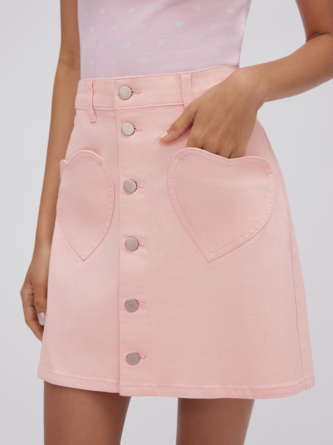 CIDER Denim Mini Skirt Heart Pockets Button Front Cute Casual Skirt - Image 5
