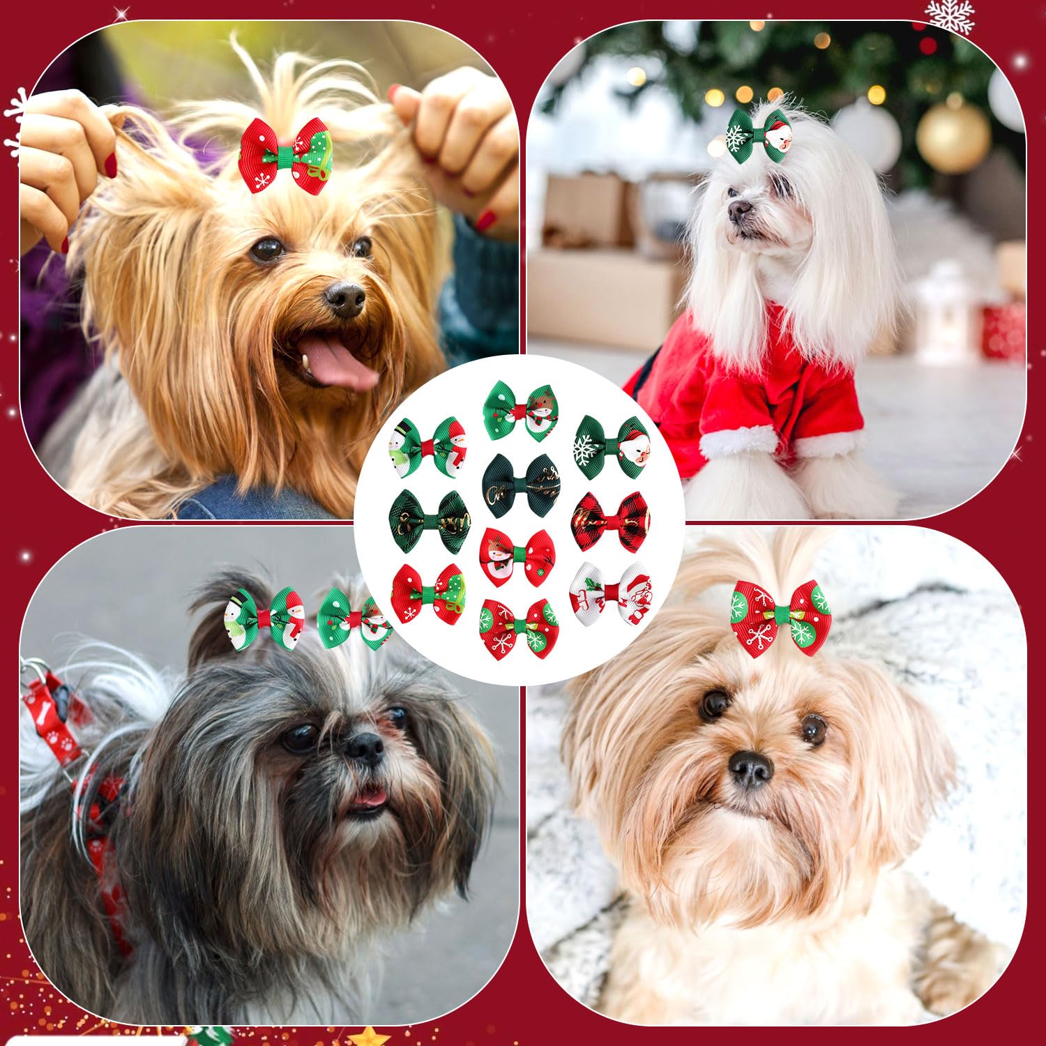 20pcs/10 Pairs Christmas Dog Hair Bows with Rubber Bands, Holiday Small Size Puppy Bows Colorful Dog Bow Ears Hair Tie Bowknot Dog Hair Accessories for Festival Daily Pet Grooming Use