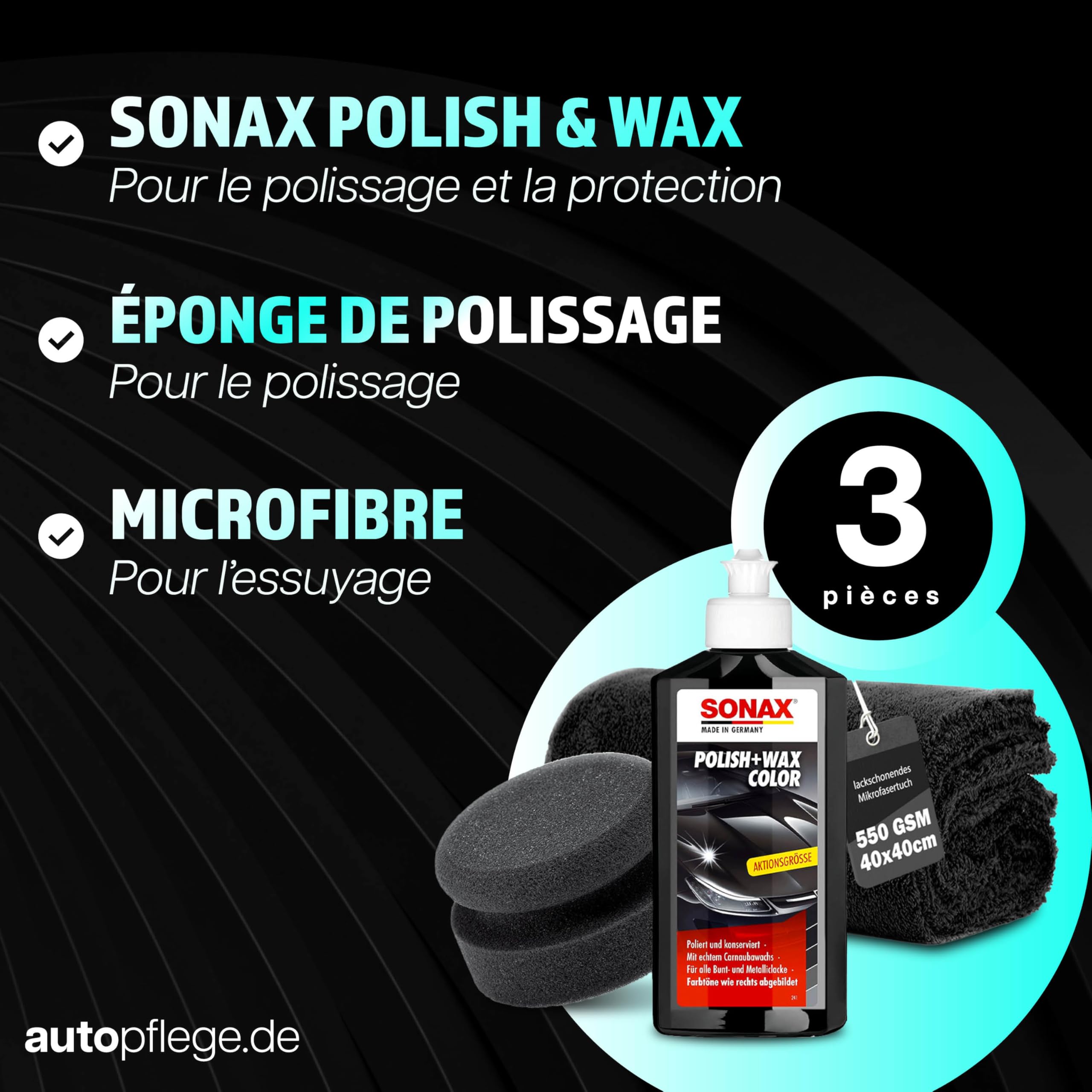 Sonax Polish & Wax Color Kit de polissage pour voiture Noir 250 ml + éponge de polissage + chiffon de polissage | Pâte de polissage pour peintures métalliques foncées pour enlever les petites rayures