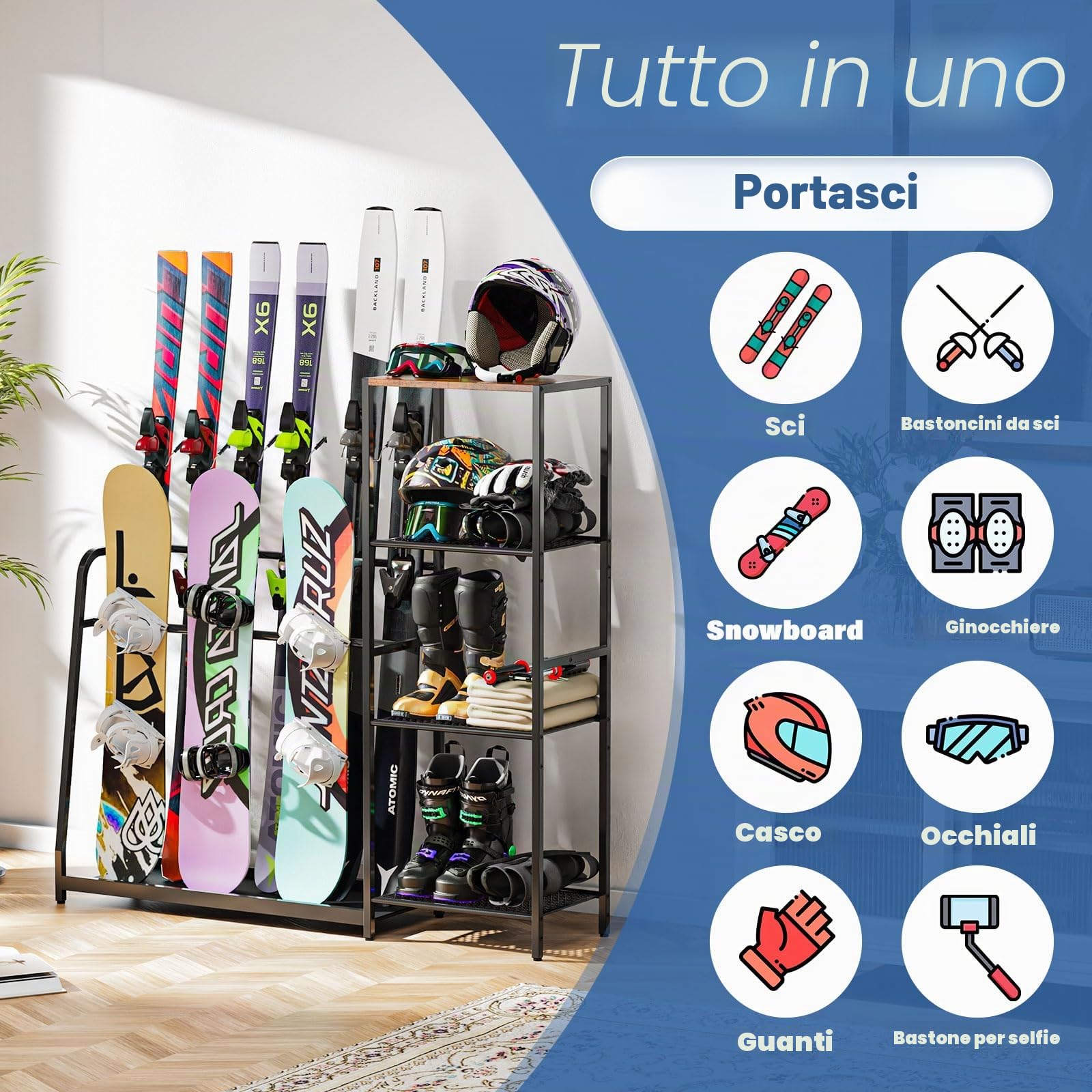 Rastrelliera autoportante per snowboard, 4 paia di sci, 3 confezioni da snowboard, scarponi, aste, occhiali, casco per garage, capannone, cantina
