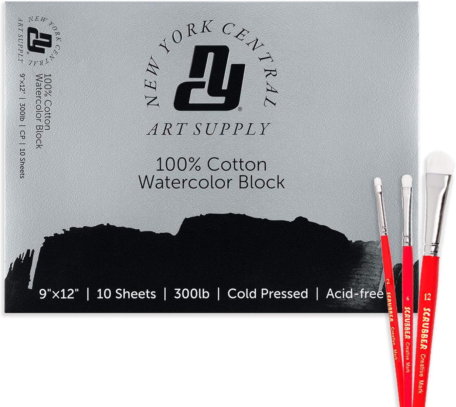 New York Central NYC Watercolor Block 300 lb. Cold Press 9x12 with Set of 3 Watercolor Scrubber Brushes