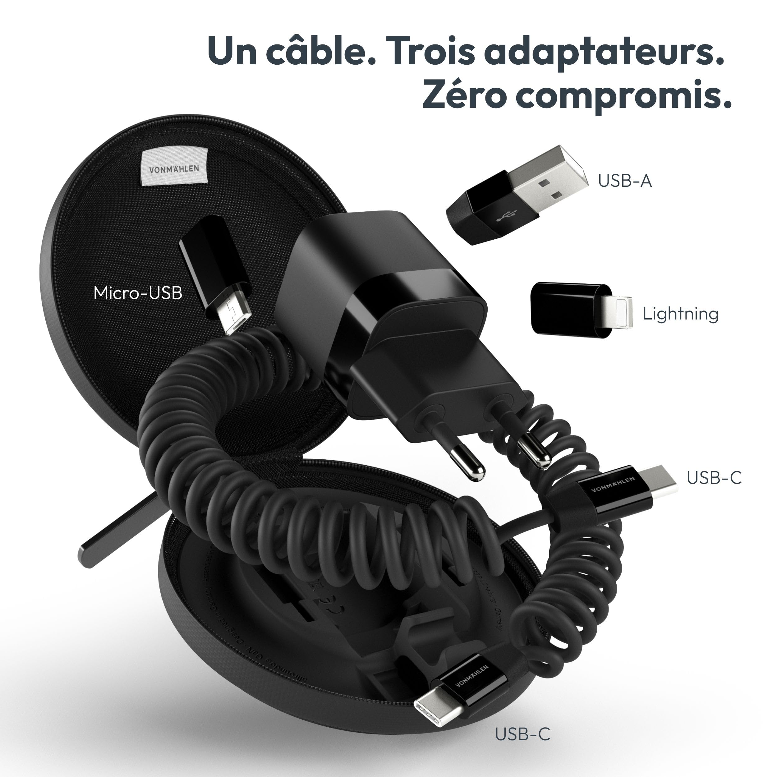VONMÄHLEN allroundo GaN - Chargeur rapide 30 W avec technologie GaN, compatibilité USB-C universelle, étui de voyage inclus - Noir