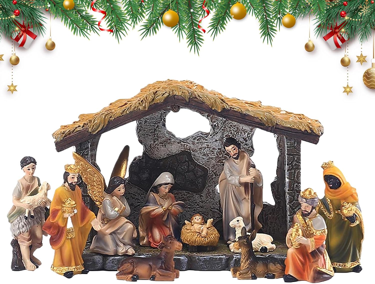 12 Piece Nativity Set, Christmas Nativity Scene Figures with Manger, The Nativities Story Figures, Jesus Birth Resin Figurines Set Religious Decorations