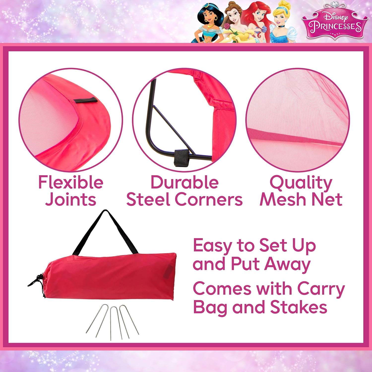 Disney Princess Pop Up Soccer Goal, 4 ft Kids Outdoor Pop Up Goal Featuring Ariel, Belle, Cinderella, and Aurora, Pink