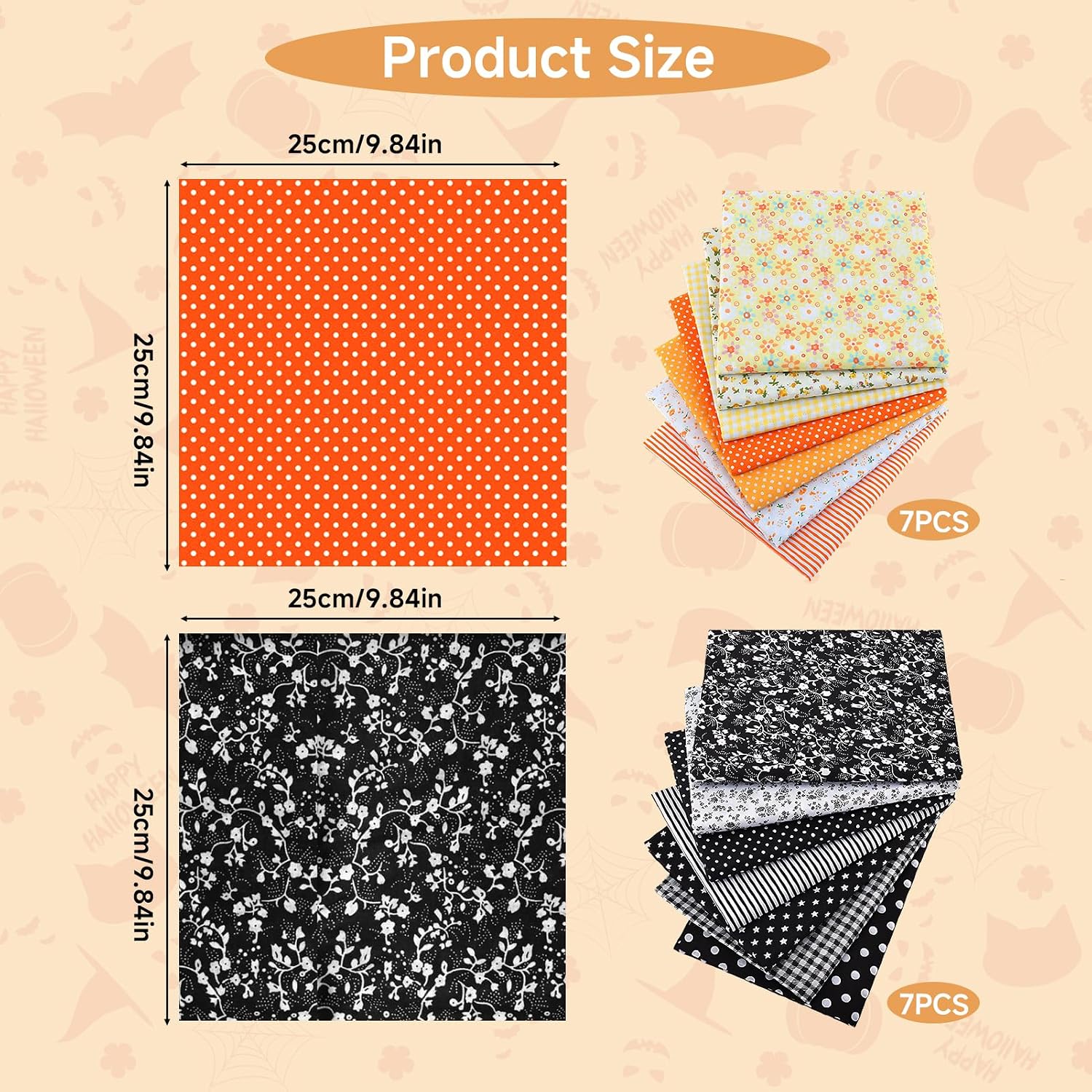 Halloween 100% Cotton Fabric Squares 10×10 Inches, 7 Black & 7 Yellow Orange Floral Fat Quarters for Handmade Sewing Crafts, Gift for Sewing Lovers image 2